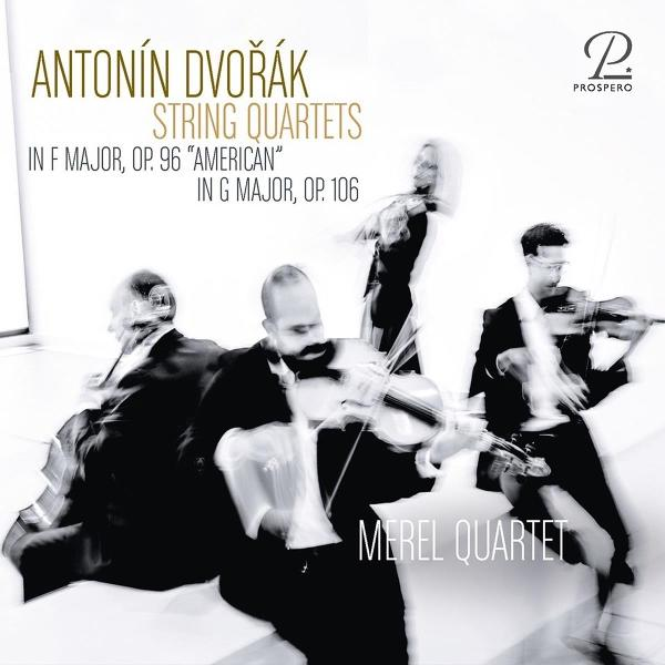 Vier Musiker spielen Streichinstrumente, Albumcover mit Dvořák-Aufschrift.