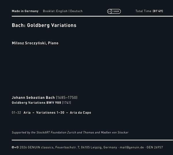CD-Cover: Bach Goldberg Variationen, Piano: Miłosz Sroczyński. Gesamtzeit 81'49.