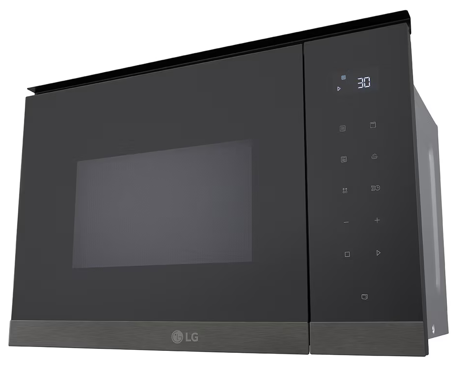 Fekete LG mikrohullámú sütő digitális kijelzővel és kezelőpanellel.