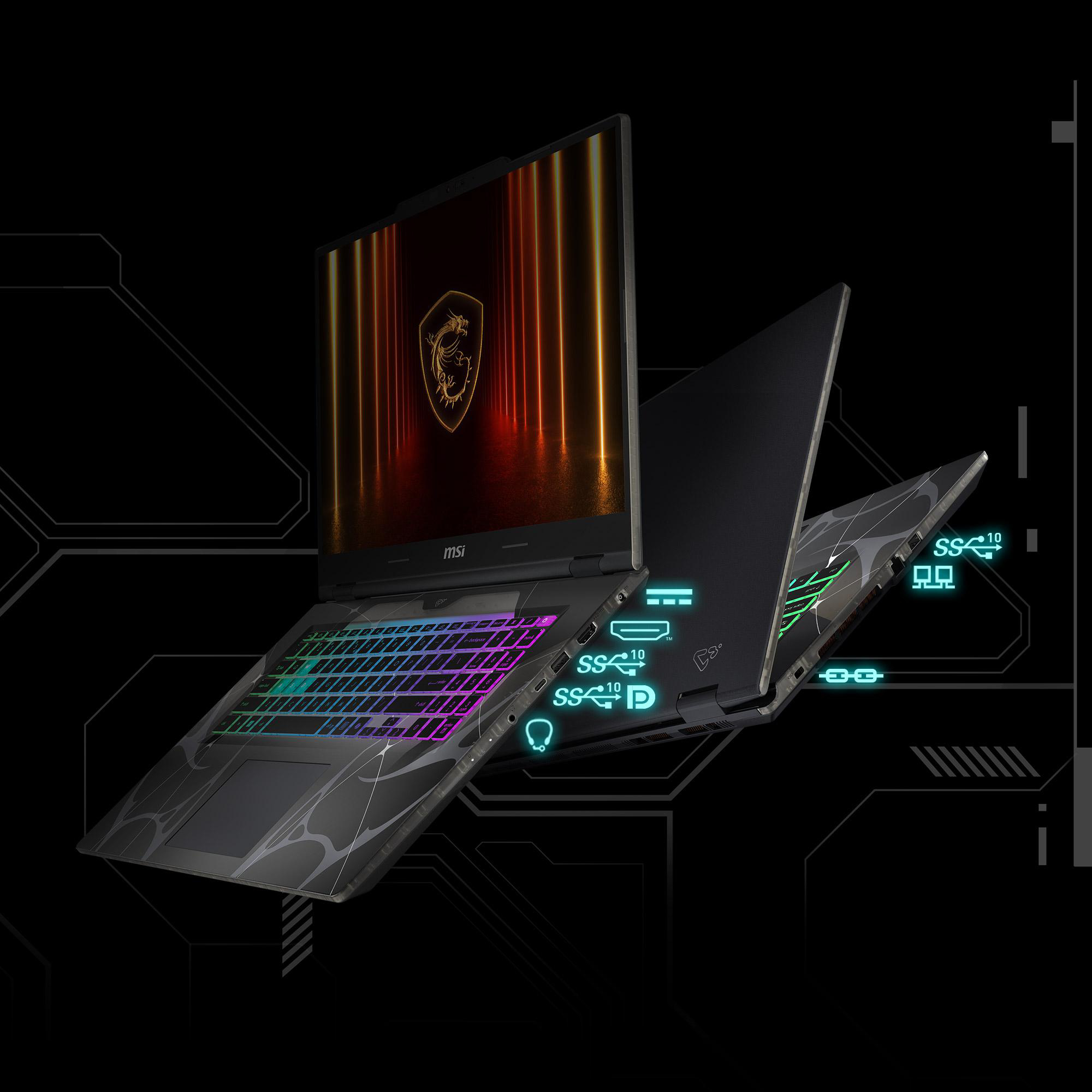 Ein schwarzer Laptop mit beleuchteter Tastatur und MSI-Logo auf dem Bildschirm.