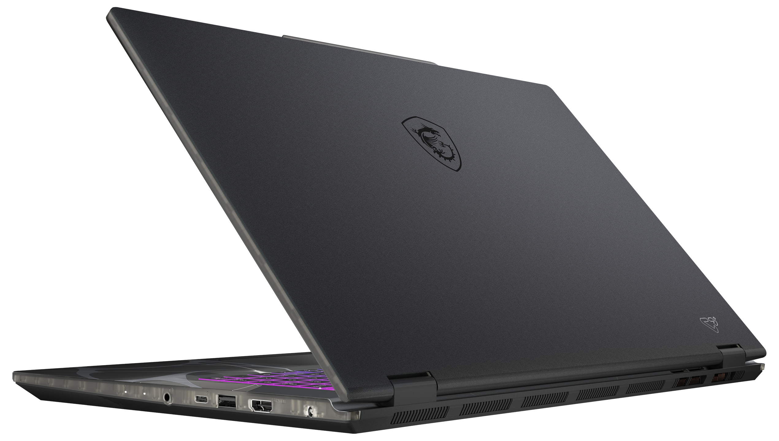 Schwarzer Laptop mit geöffnetem Deckel, MSI-Logo auf der Oberseite.