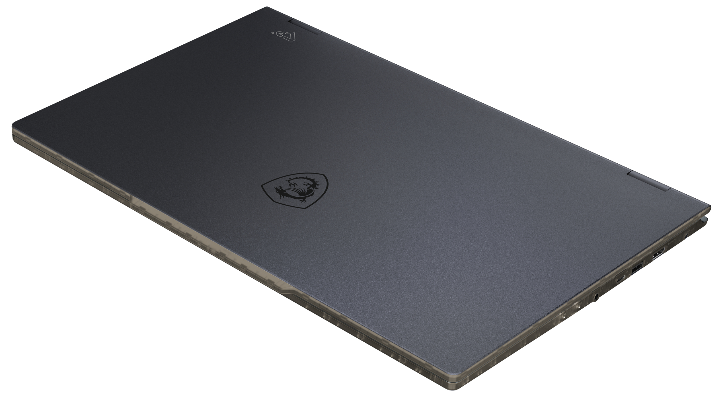 Dunkelgraues Laptop mit MSI-Drachenlogo auf dem Deckel.