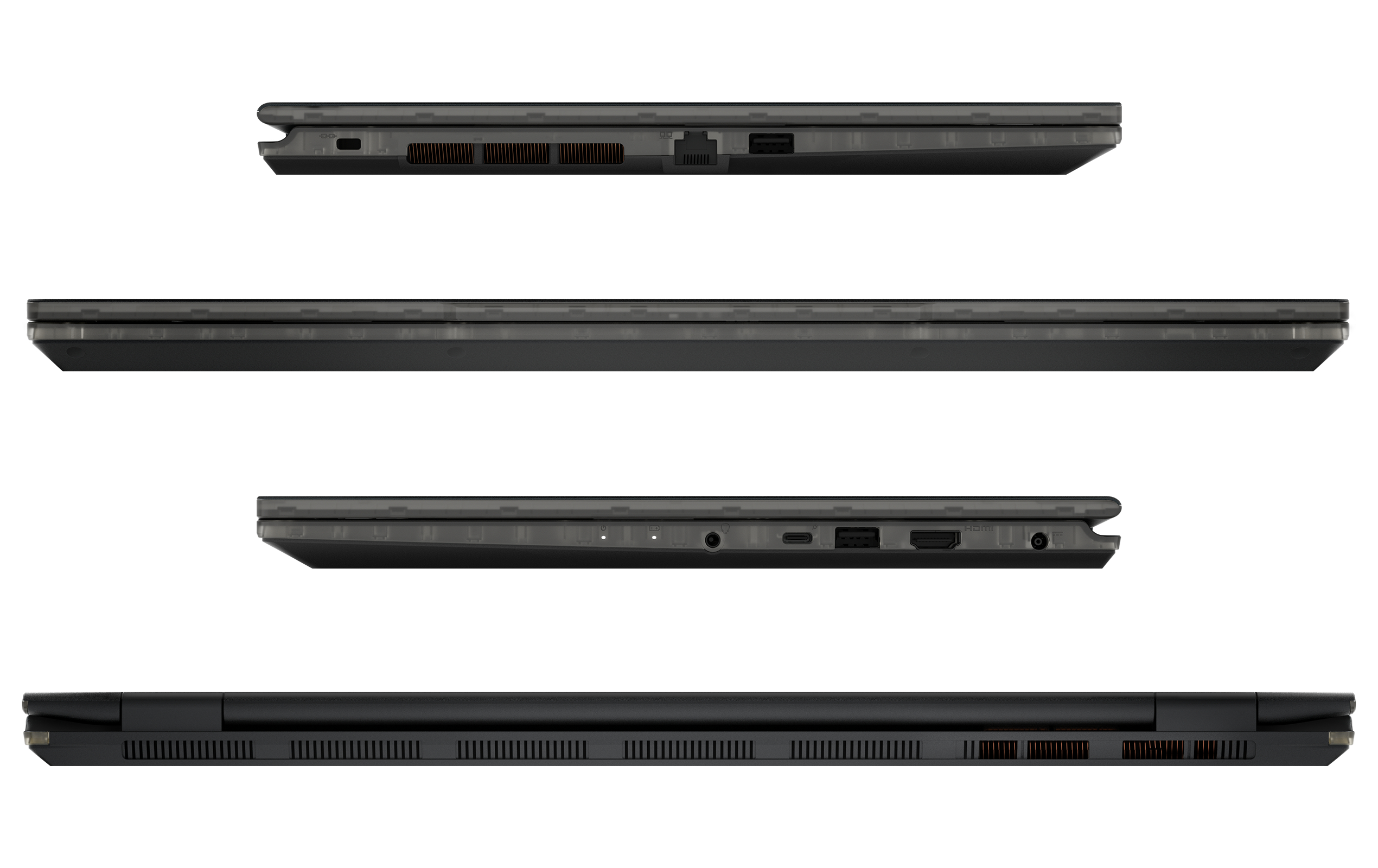 Vier Seitenansichten eines schwarzen Laptops mit Anschlössen und Lüftungsschlitzen.
