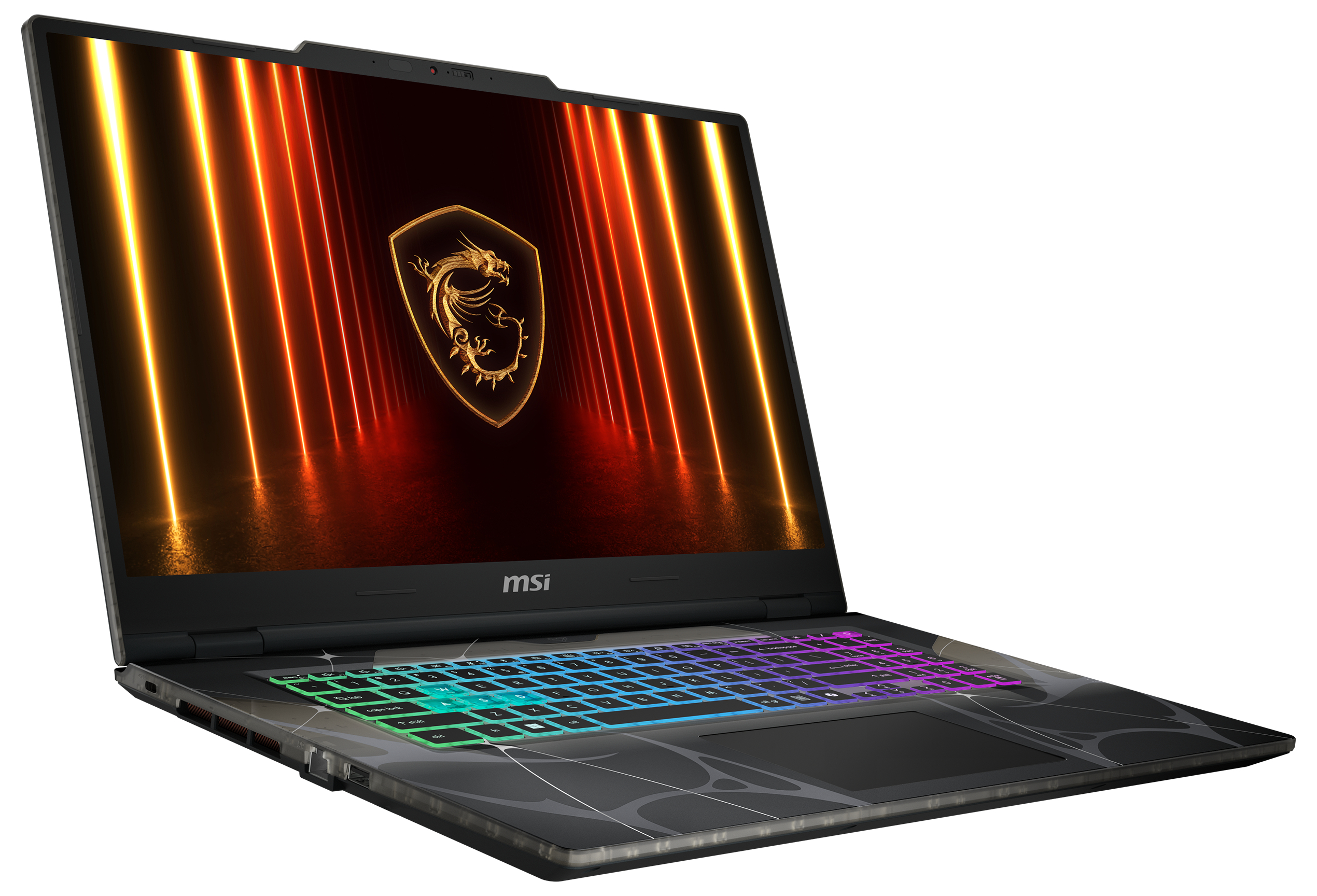 Ein geöffneter MSI-Laptop mit beleuchteter Tastatur und einem Drachenlogo auf dem Bildschirm.