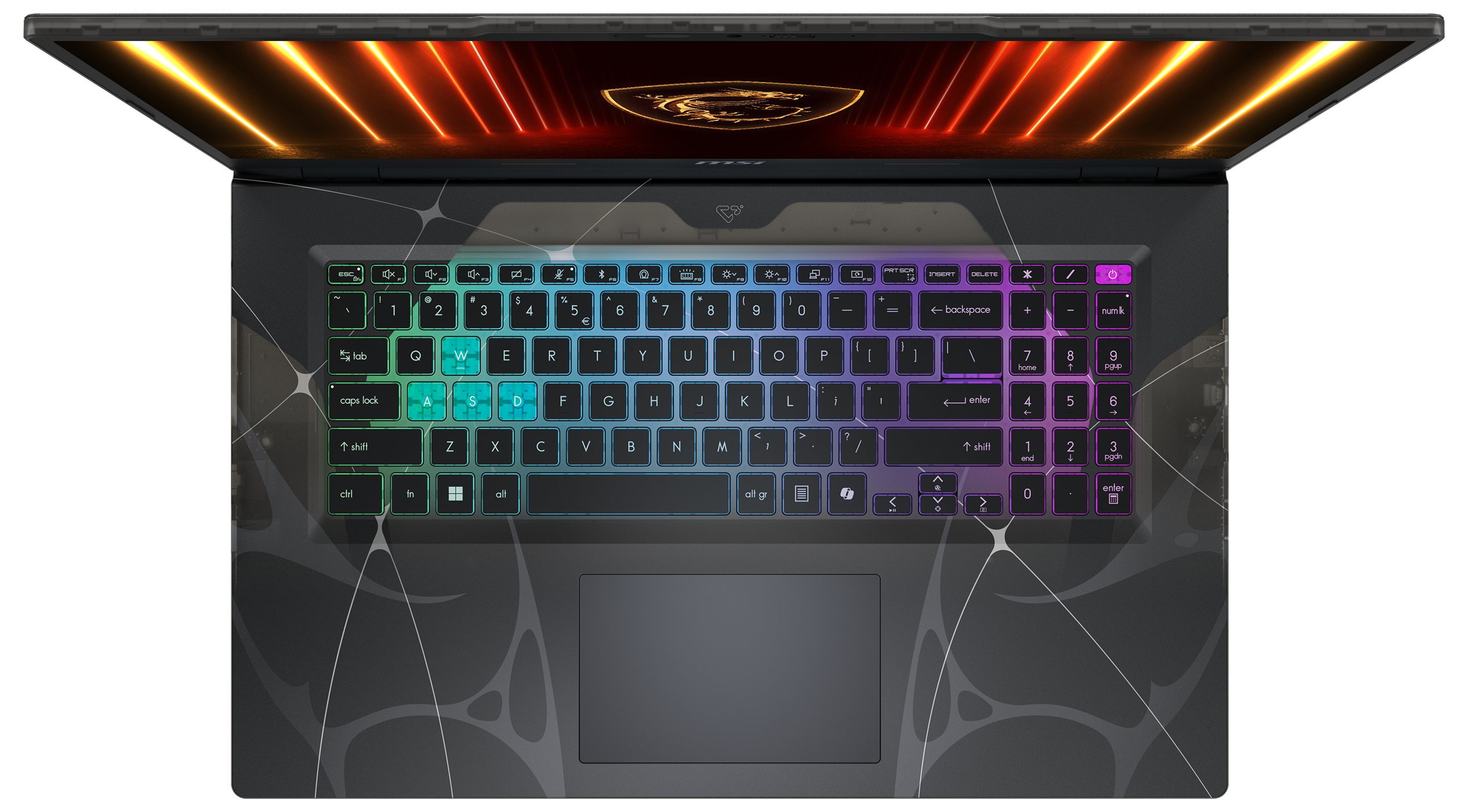 Ein geöffneter Laptop mit beleuchteter Tastatur und einem Drachenlogo auf dem Bildschirm.