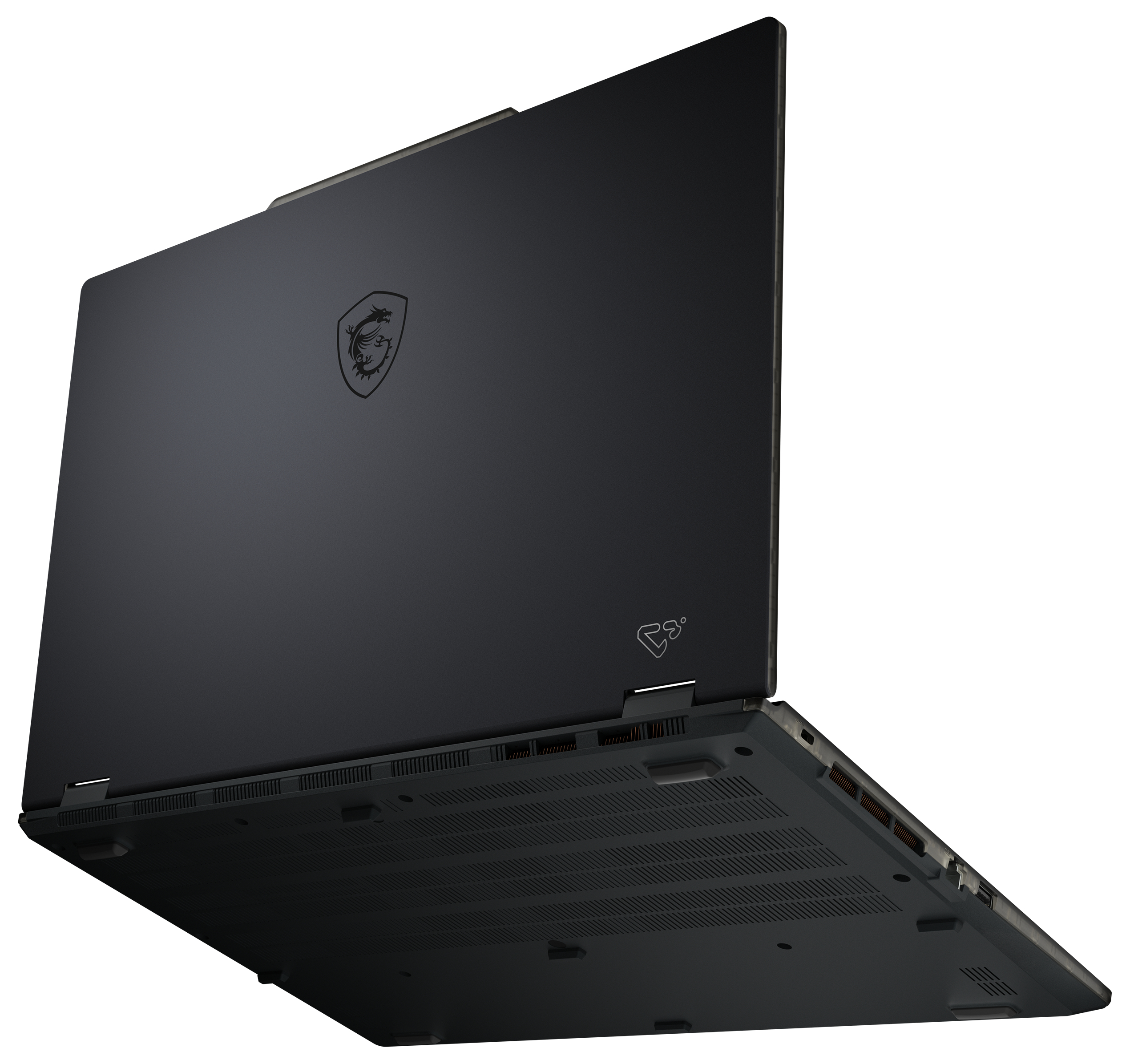 Ein schwarzer Laptop mit geöffnetem Deckel, Logo auf der Rückseite.