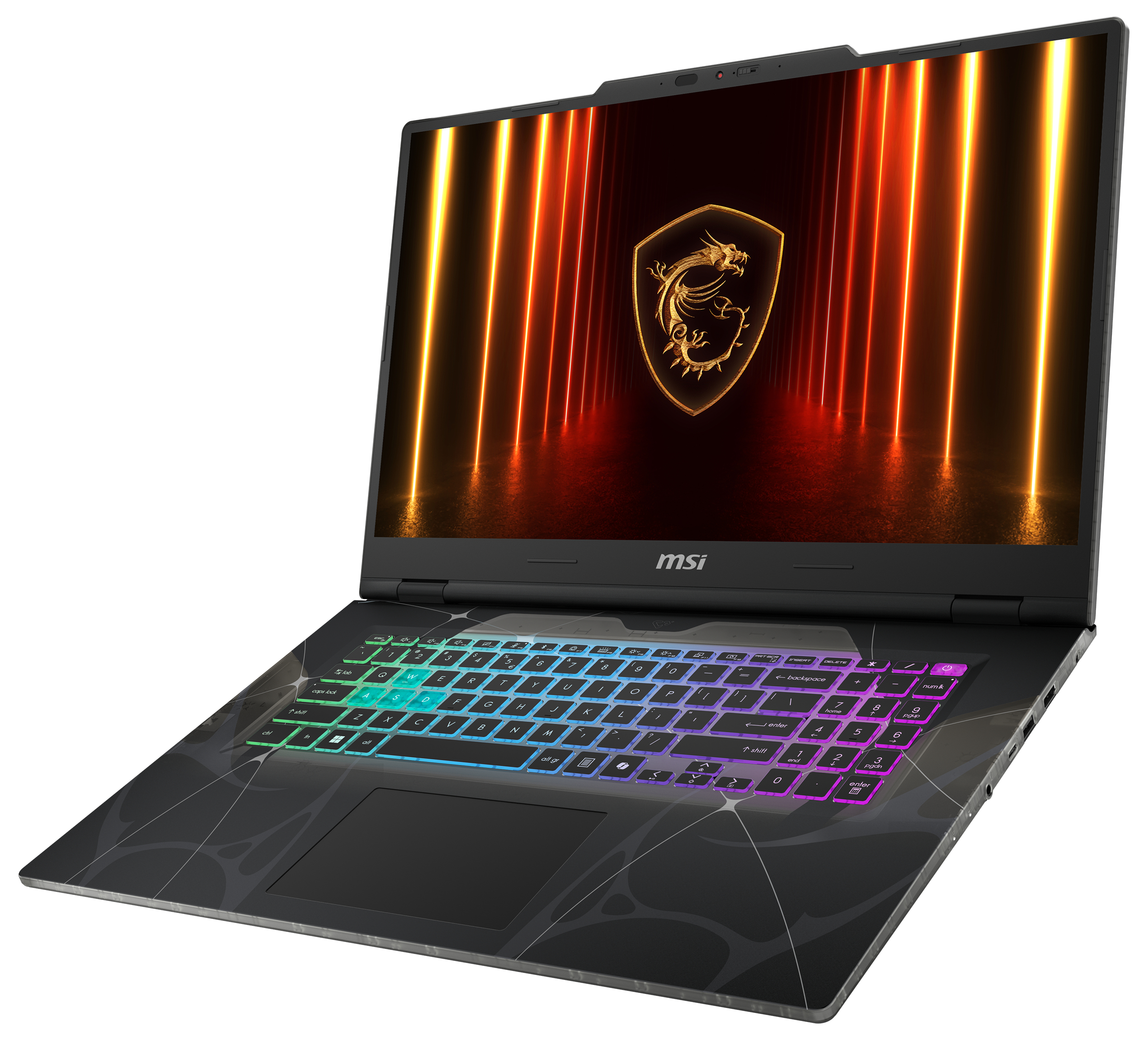 Ein MSI-Laptop mit beleuchteter Tastatur und einem Drachenlogo auf dem Bildschirm.