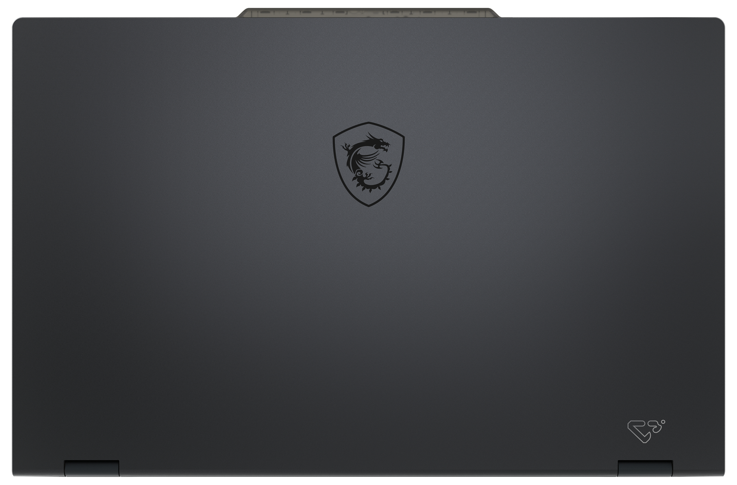 Geschlossener schwarzer Laptop mit MSI-Drachenlogo oben mittig.