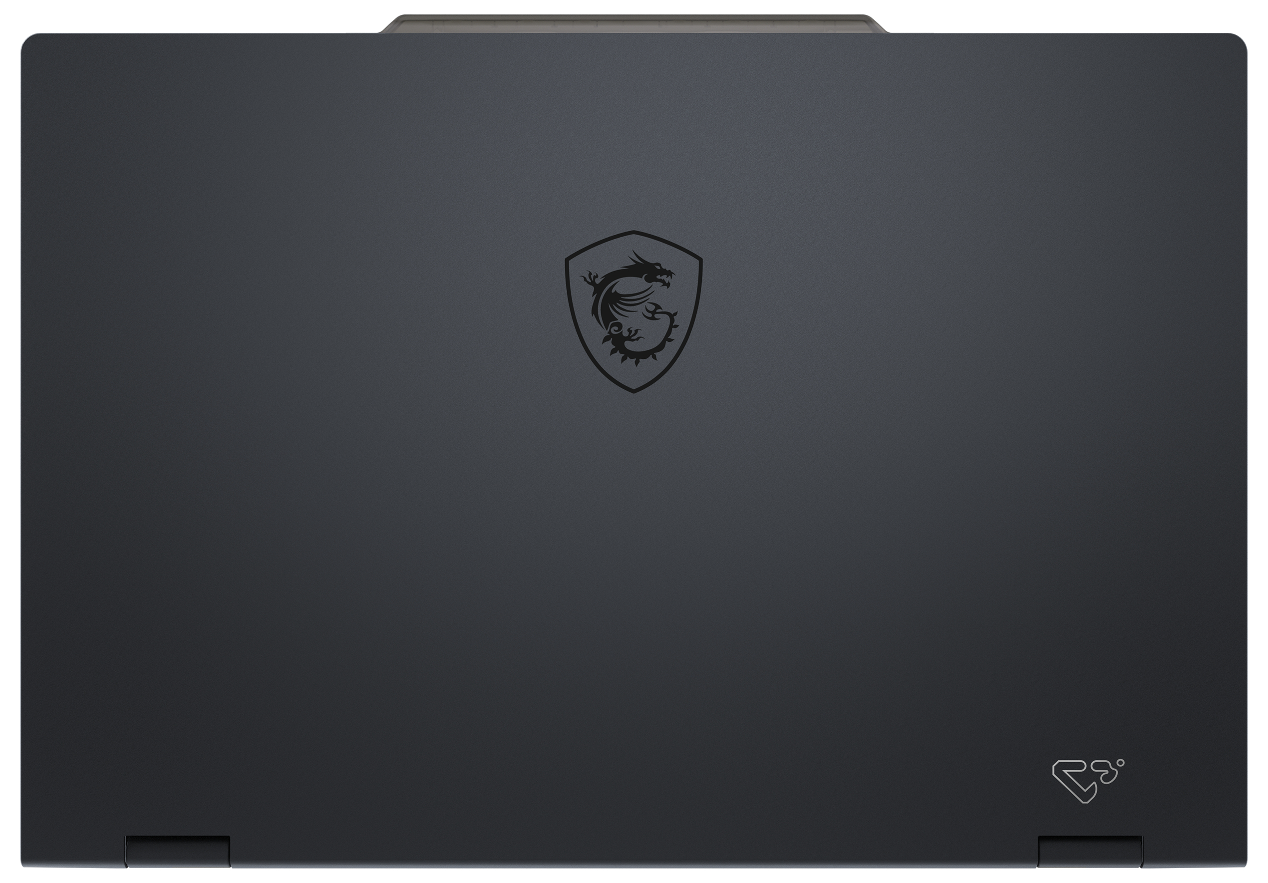 Geschlossener schwarzer Laptop mit MSI-Drachenlogo und CS-Symbol.
