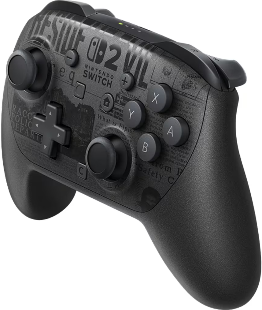Fekete Nintendo Switch Pro kontroller újságnyomtatás mintával.