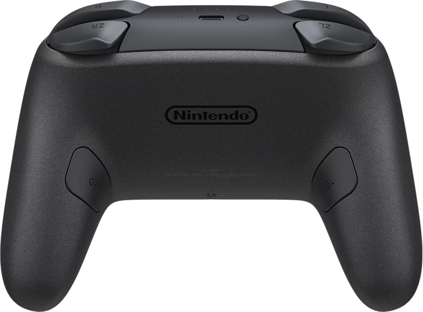 Fekete Nintendo játékkonzol markolatokkal, gombokkal és logóval.