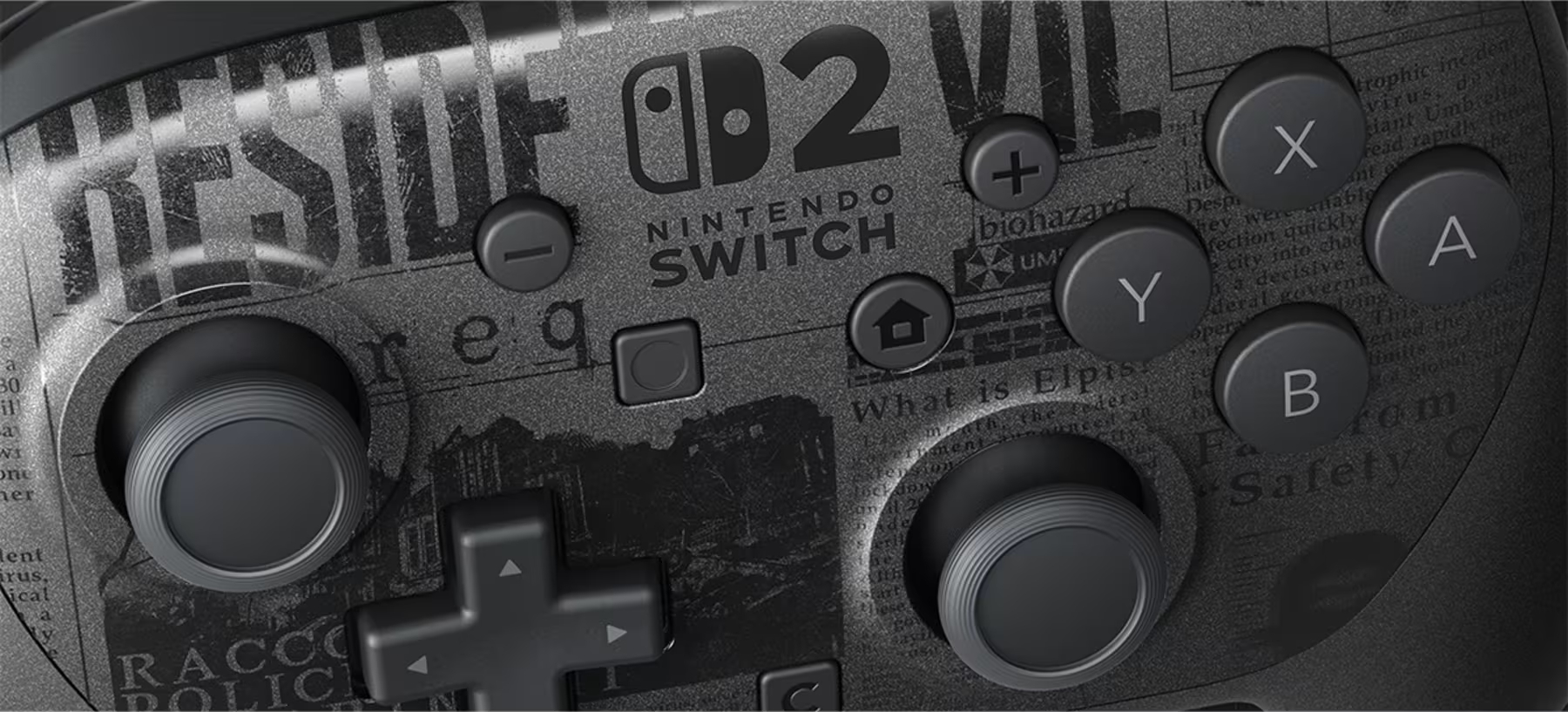 Sötét Nintendo Switch kontroller Resident Evil 2 témával és X, Y, A, B gombokkal.