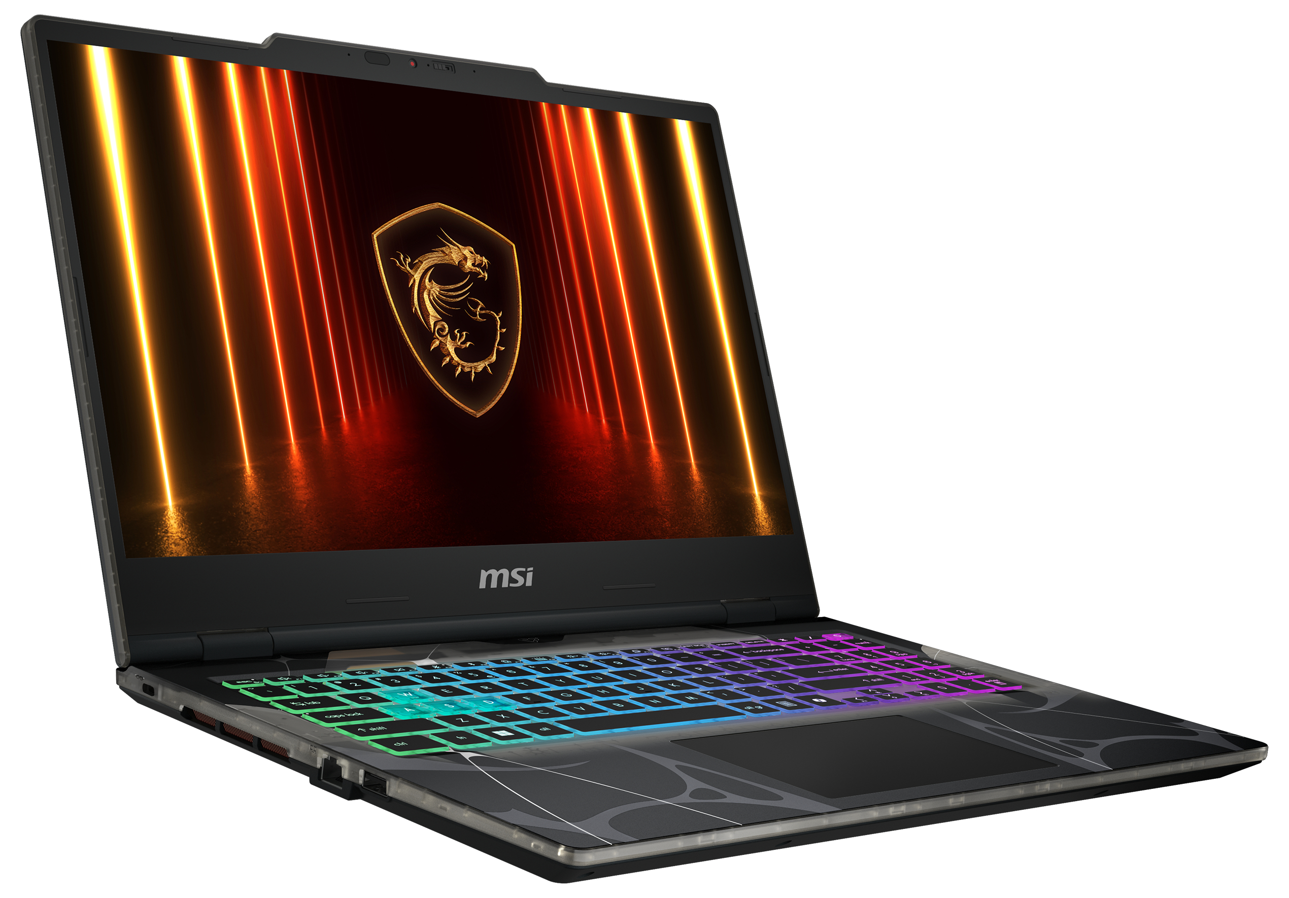 Ein geöffneter MSI-Gaming-Laptop mit beleuchteter Tastatur und Drachenlogo.