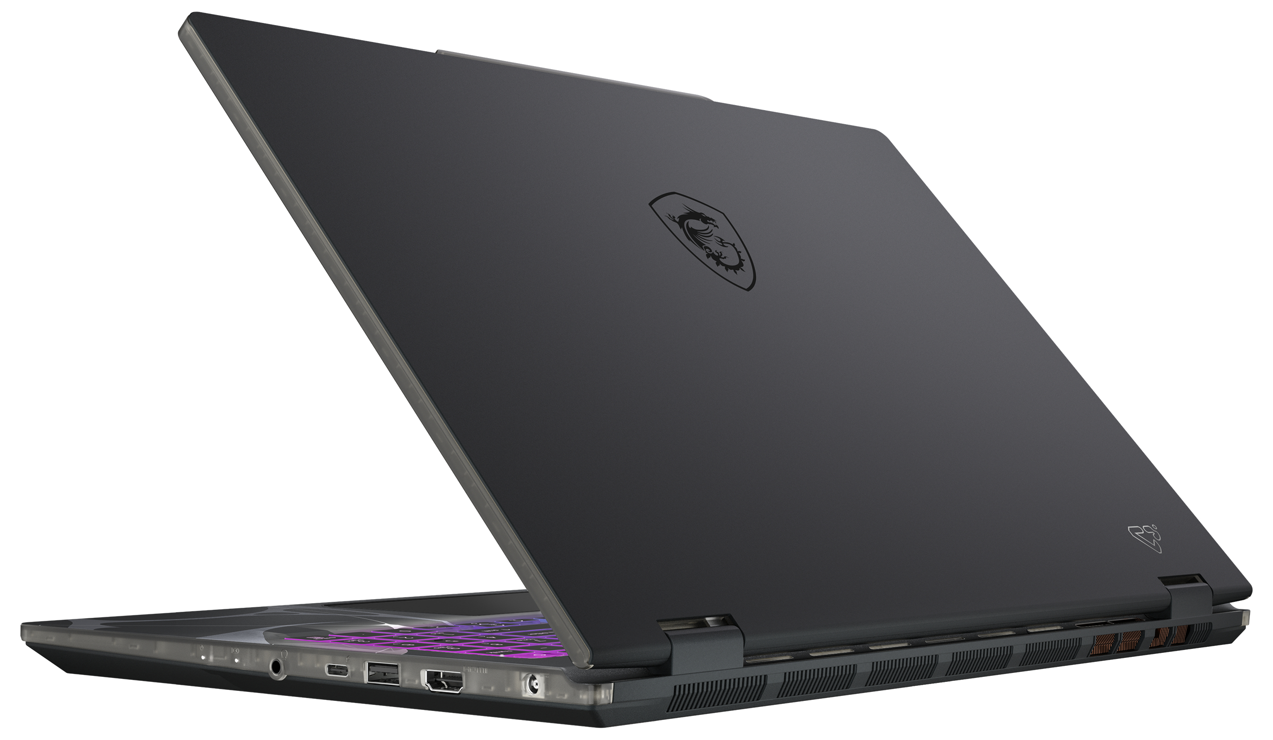 Ein schwarzer MSI-Laptop mit beleuchteter Tastatur und Anschlüssen an der Seite.