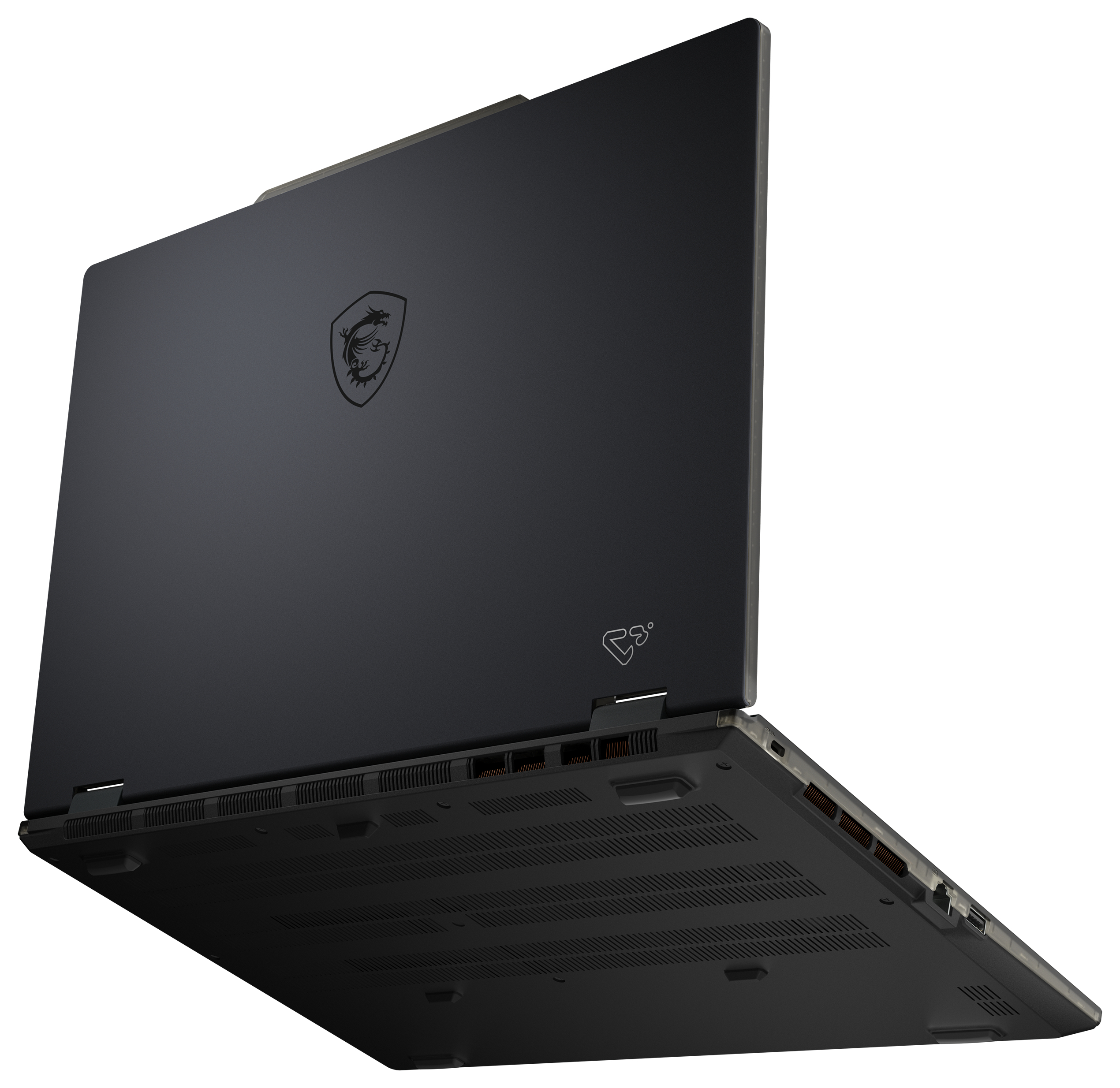 Ein dunkles MSI-Gaming-Laptop, geöffnet, mit Fokus auf die Unterseite und das Logo auf dem Deckel.