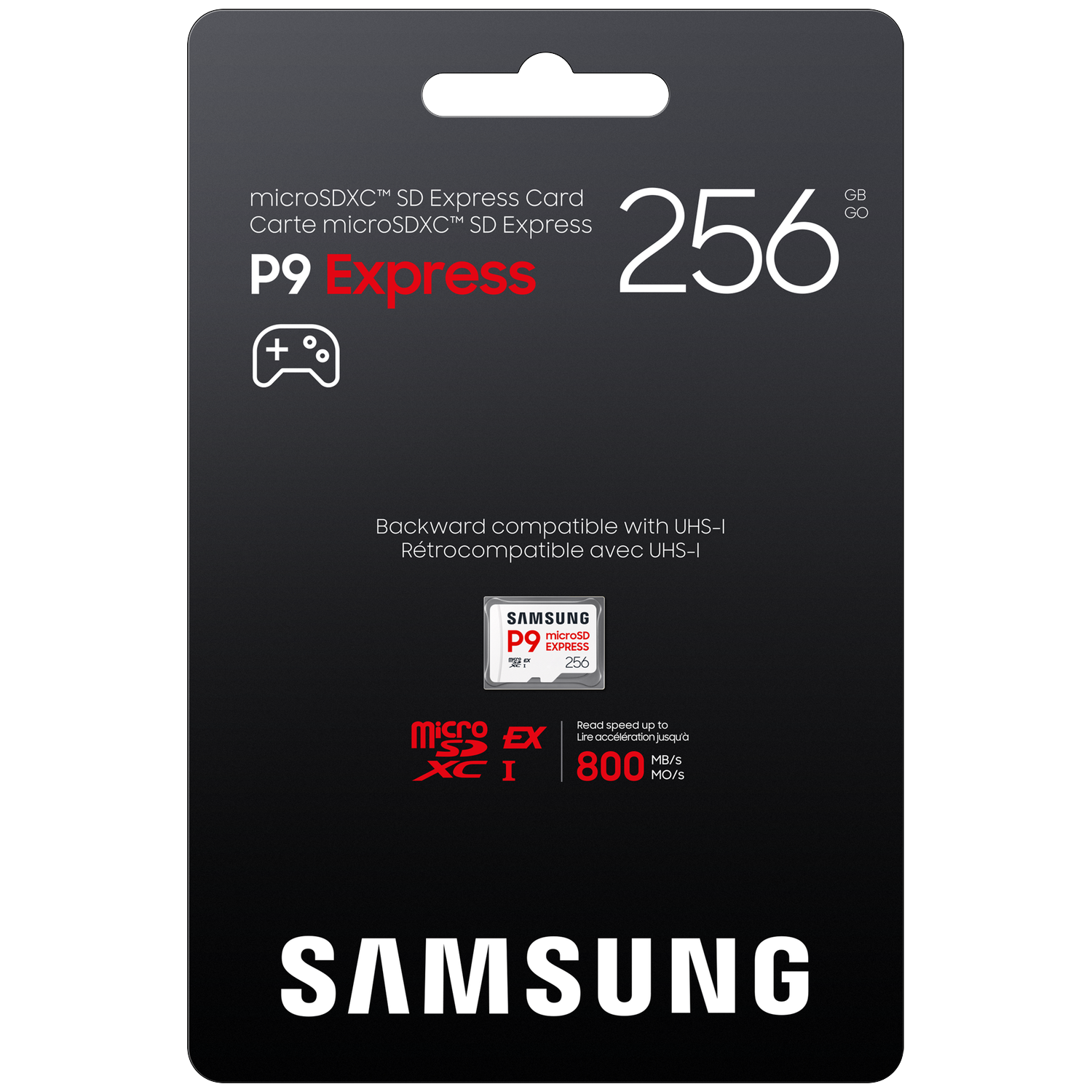Samsung 256GB microSDXC Express card with 800 MB/s read speed.