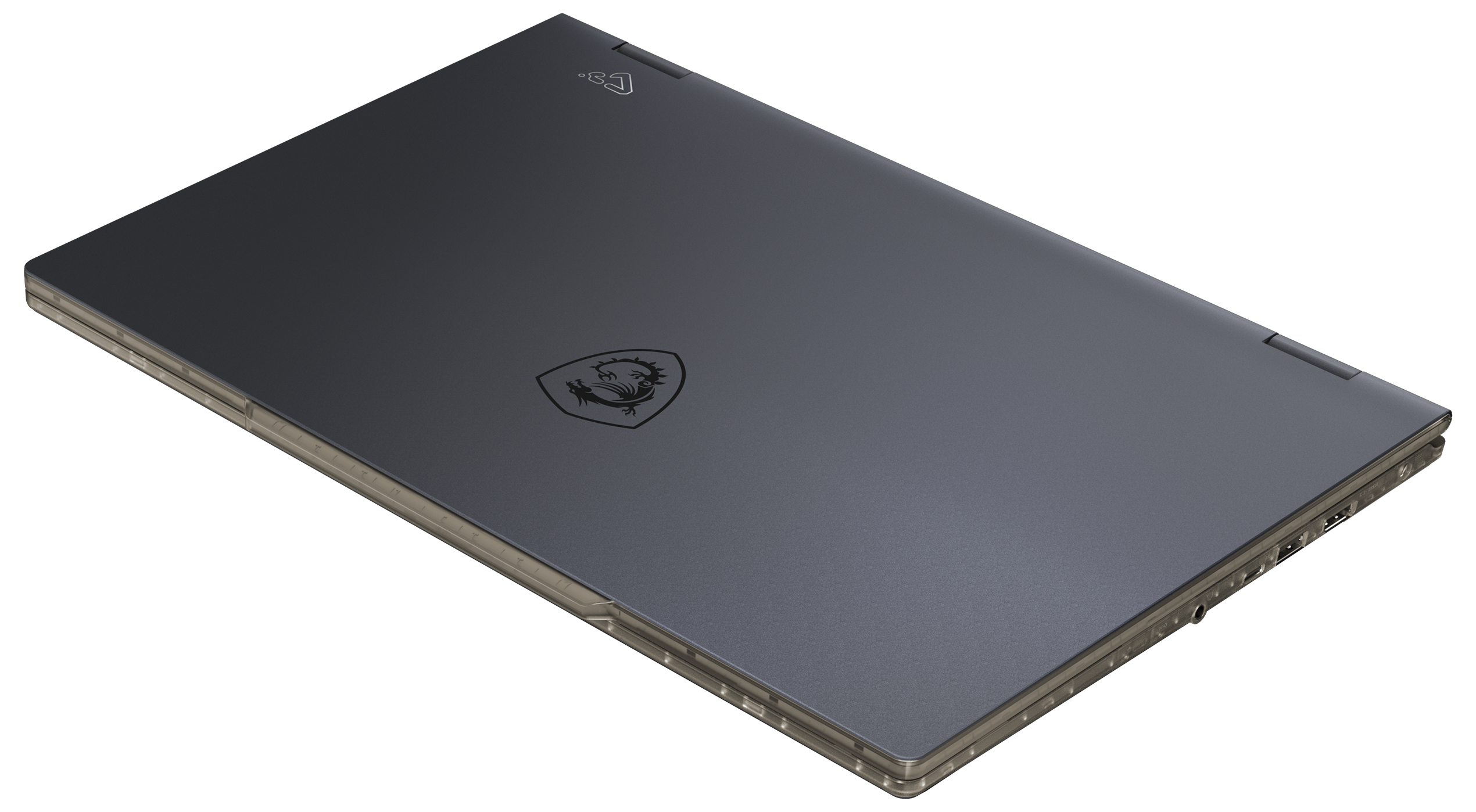 Geschlossener dunkler Laptop mit MSI-Drachenlogo und kleinem Logo oben.