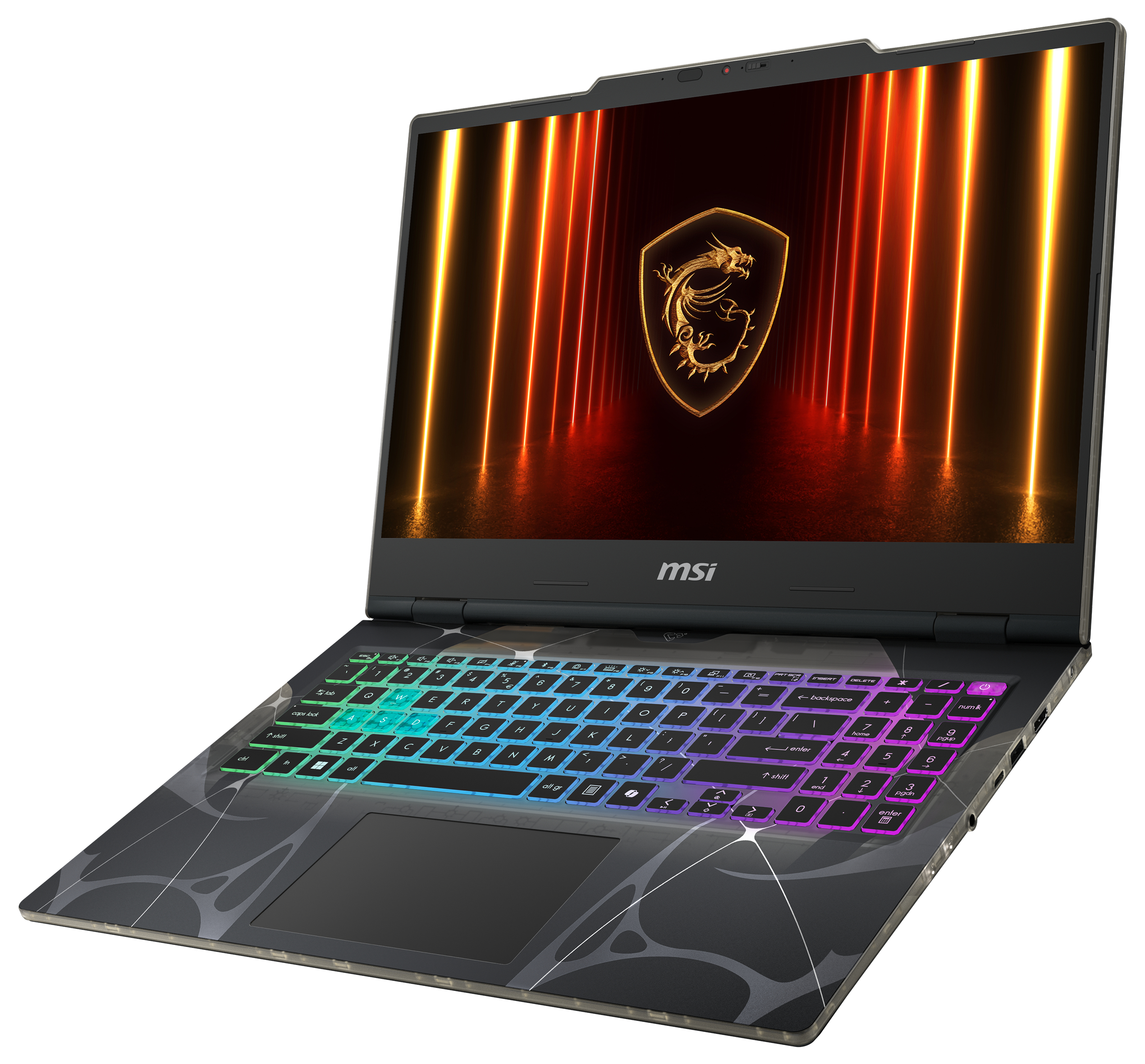 Ein geöffneter MSI Gaming-Laptop mit beleuchteter Tastatur und Drachenlogo auf dem Bildschirm.
