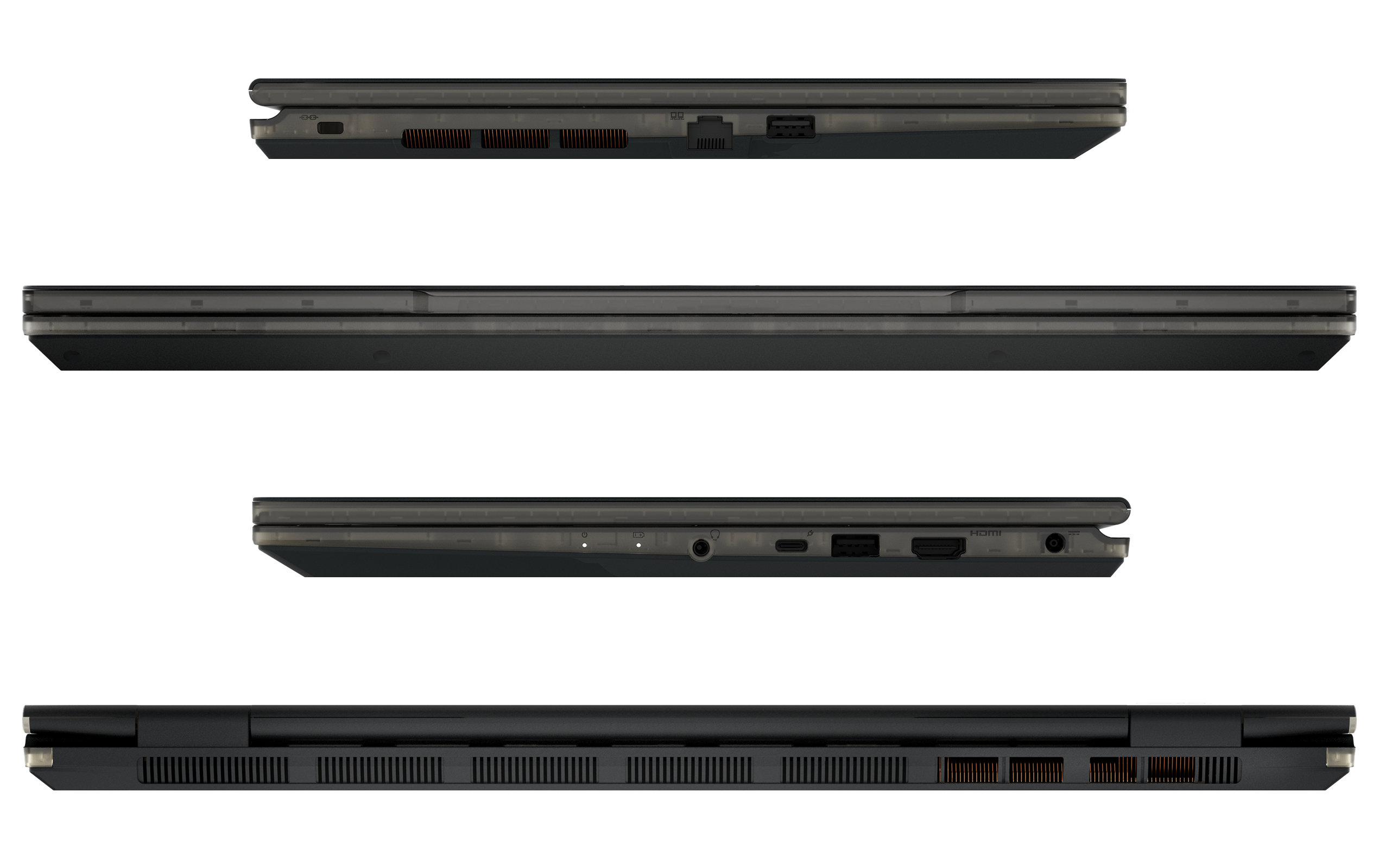 Vier Ansichten eines schwarzen Laptops, die Kanten und Anschlüsse zeigen.