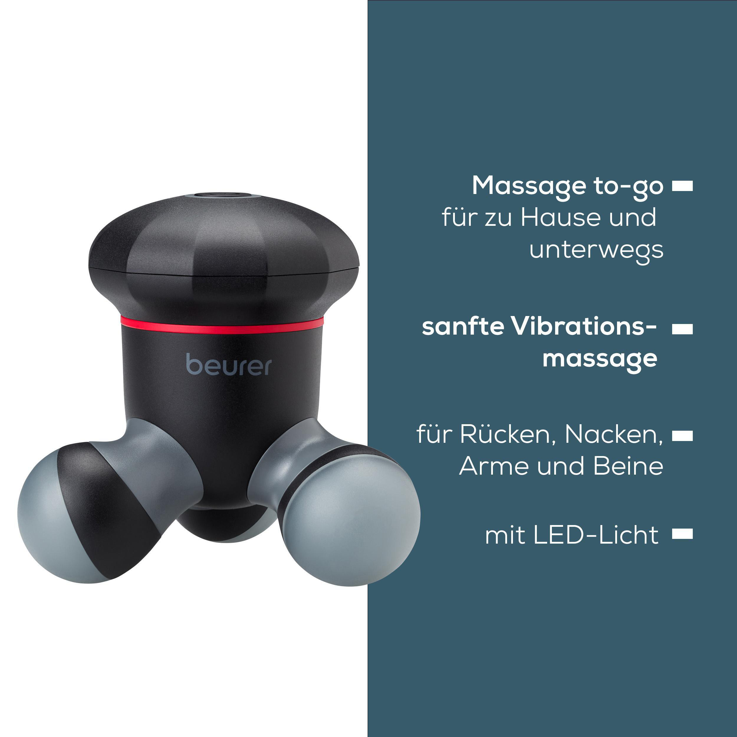 Ein schwarzes Massagegerät mit zwei grauen Massageköpfen und rotem Ring.