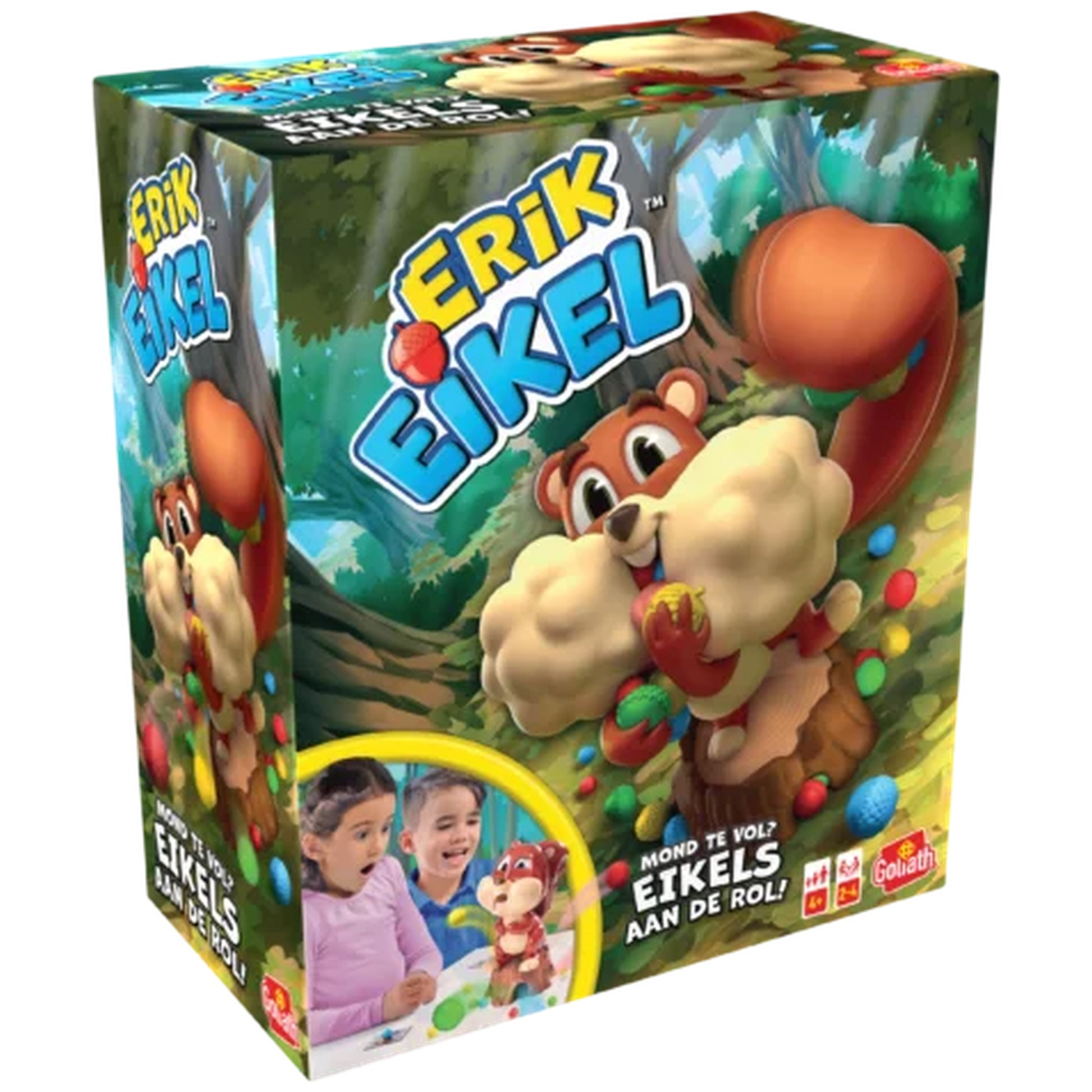 Game box showing Erik Eikel the squirrel collecting nuts. Children are watching.