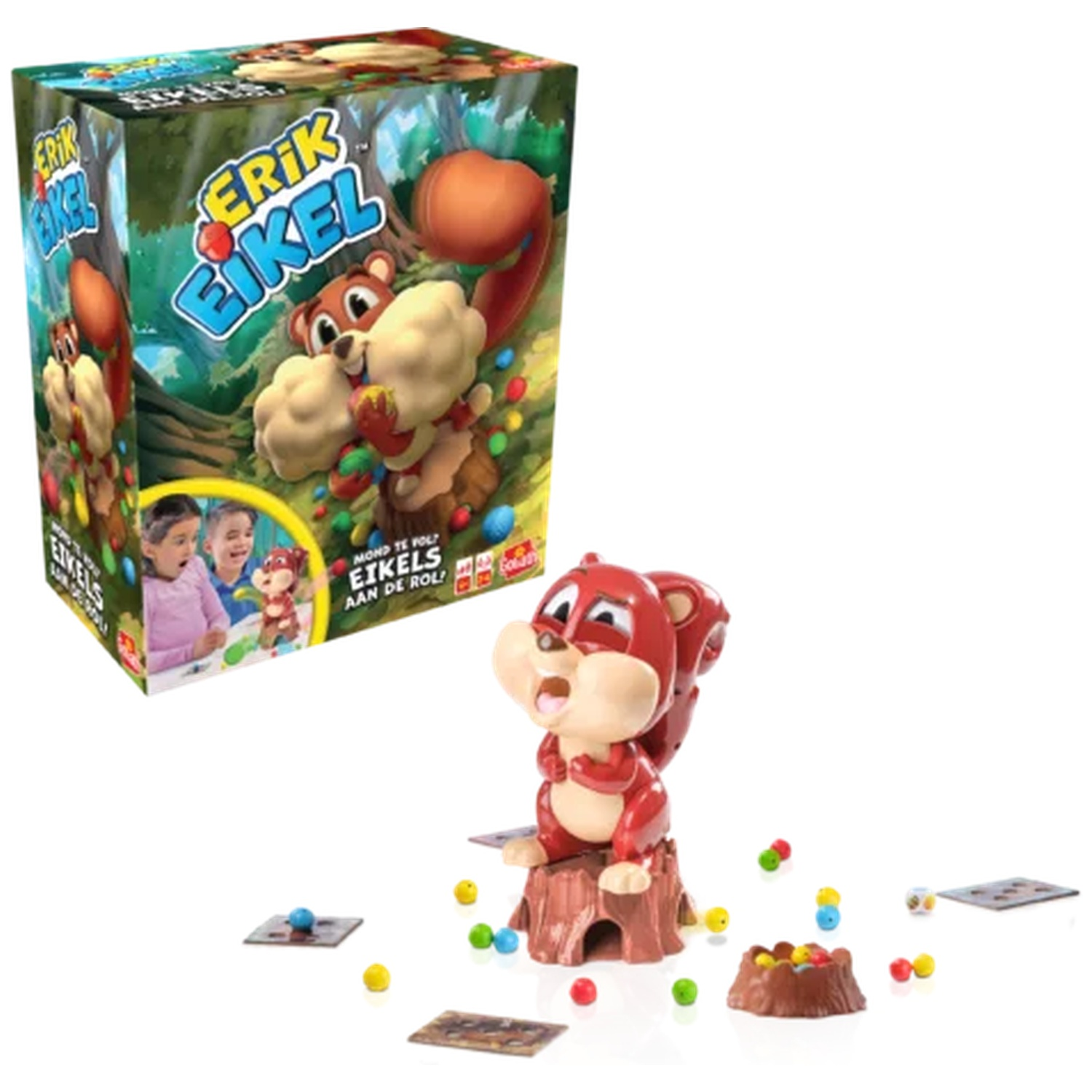 Board game with squirrel figure, nuts, and cards on a white background.