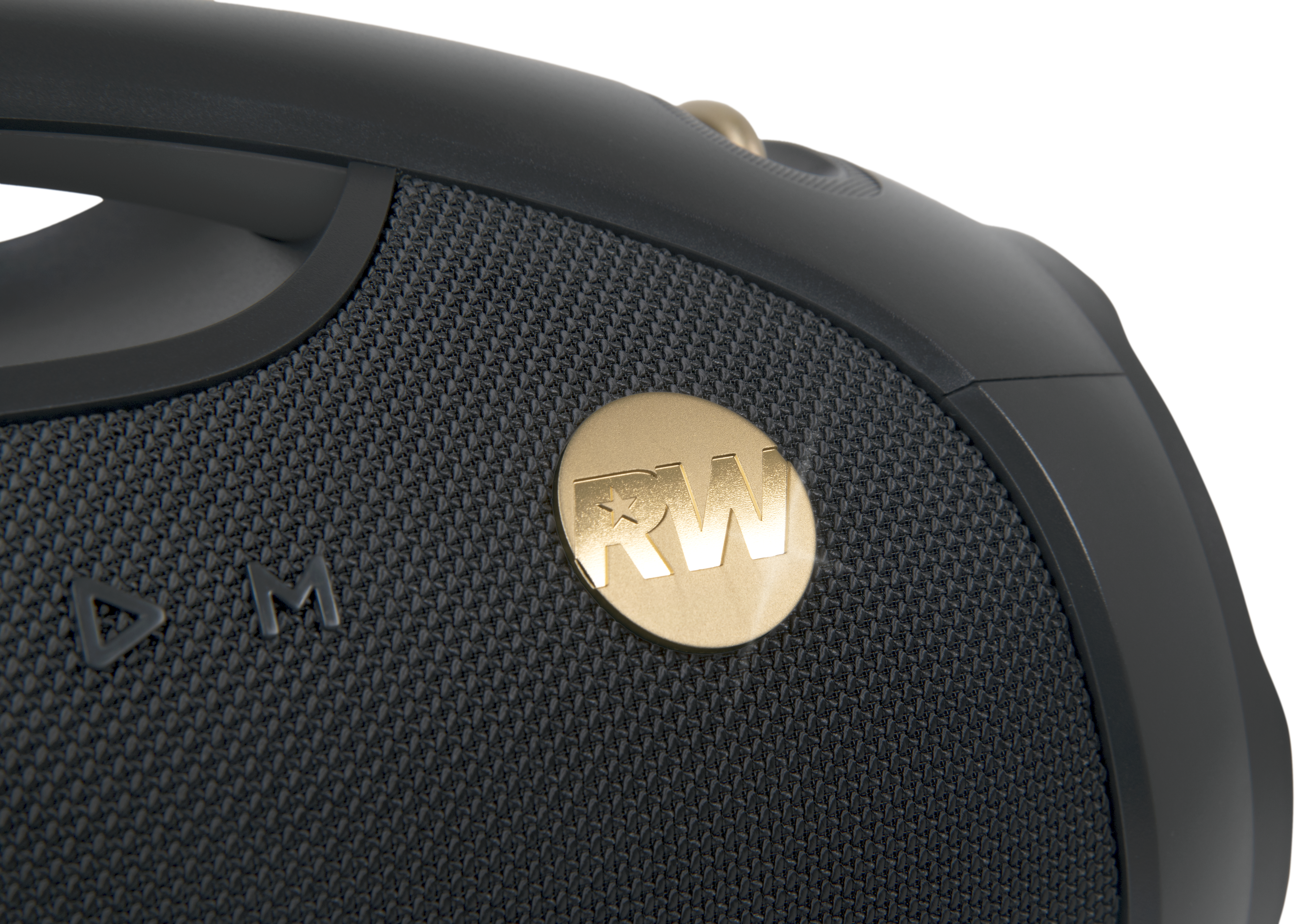 Haut-parleur noir avec logo RW doré et commandes tactiles.