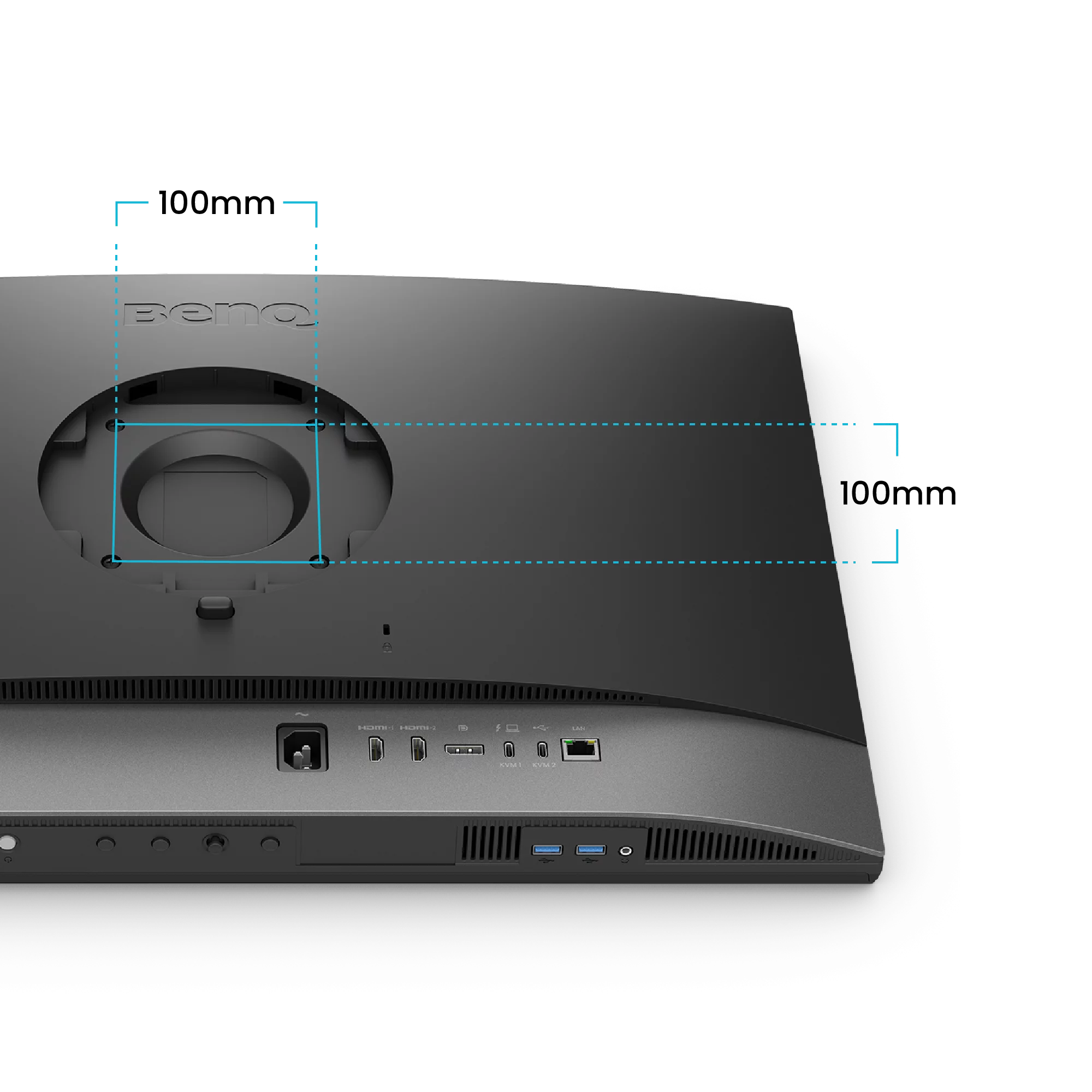 Rückseite eines Monitors mit Anschlüssen und 100mm VESA-Montagemaß.