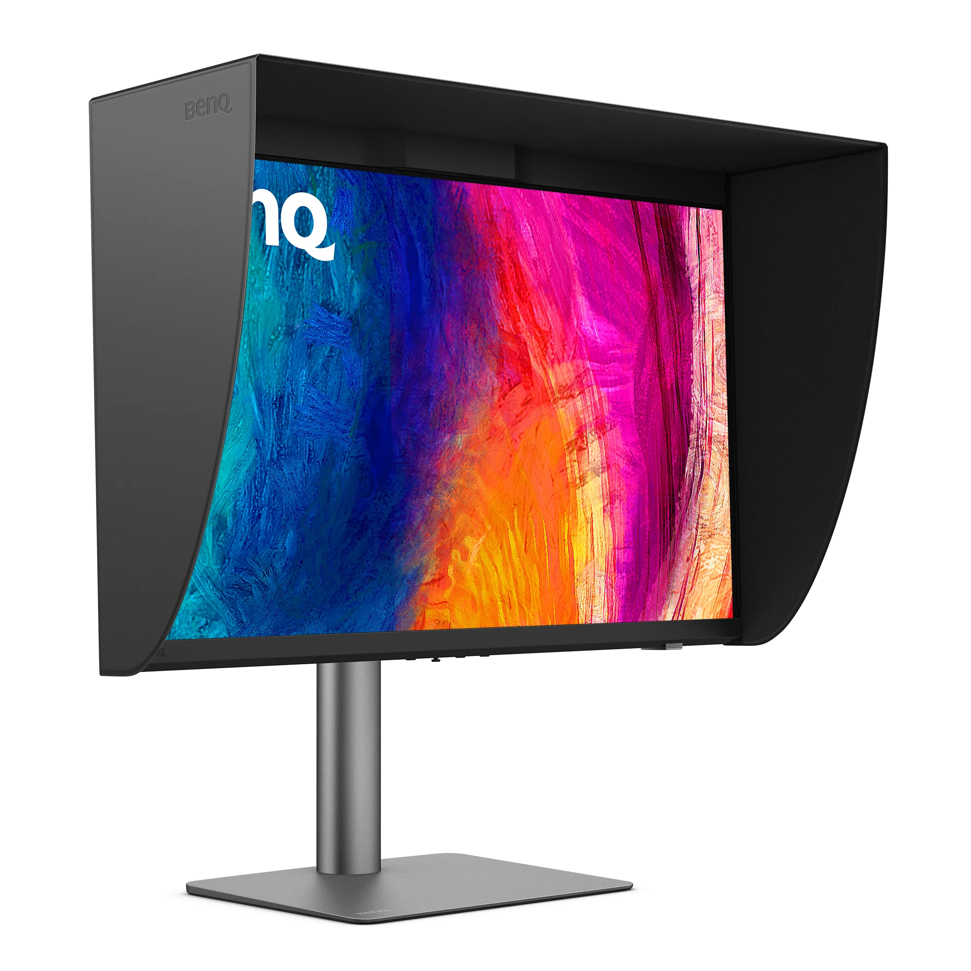 Ein BenQ-Monitor mit einem Farbverlauf-Hintergrund und einer schwarzen Blende.