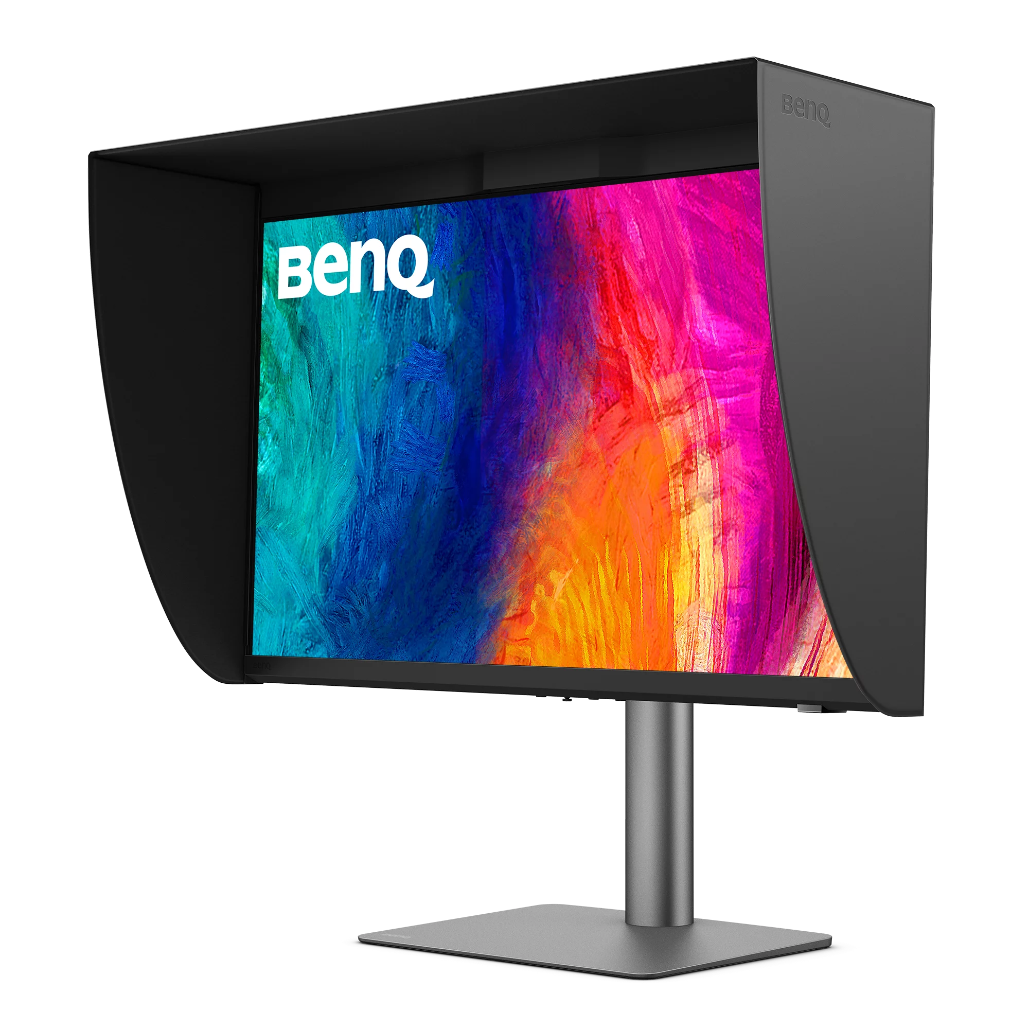 Ein BenQ-Monitor mit einem schwarzen Sonnenschutz und einem bunten Hintergrundbild.