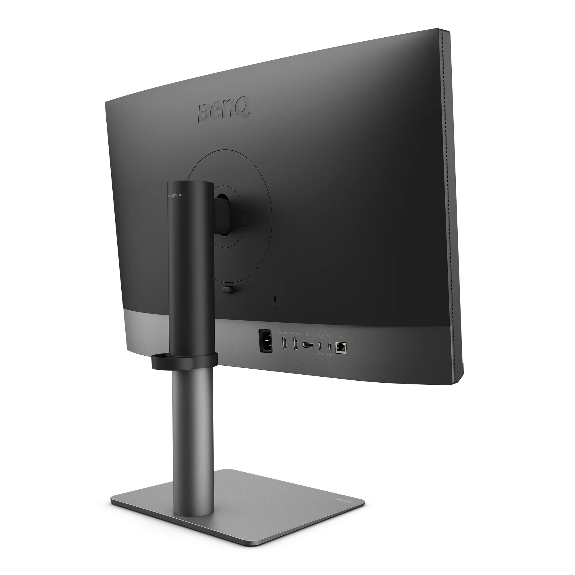 Rückseite eines schwarzen BenQ Monitors mit silbernem Standfuß und Anschlüssen.