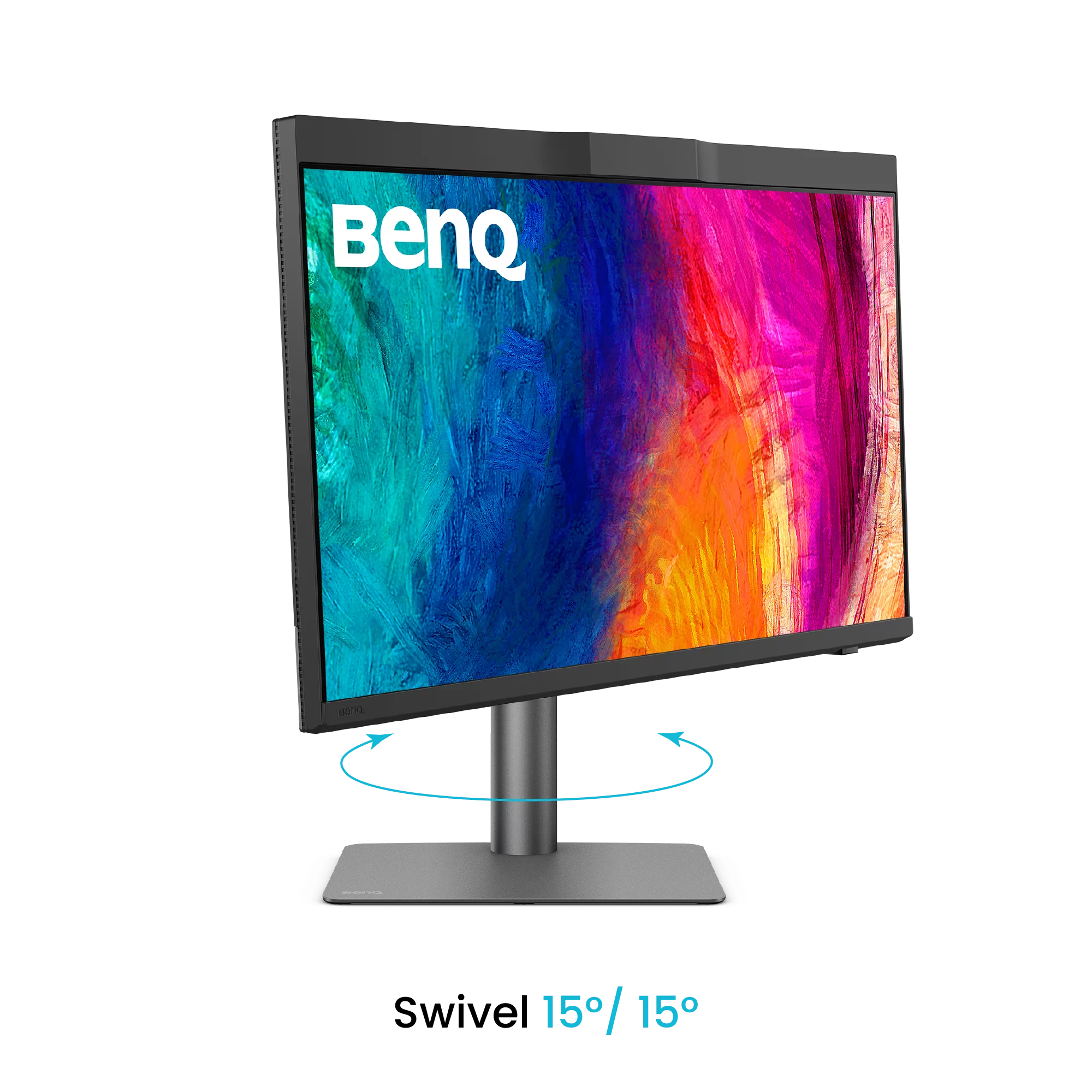 Ein BenQ Monitor mit buntem Hintergrund und Schwenkpfeilen.