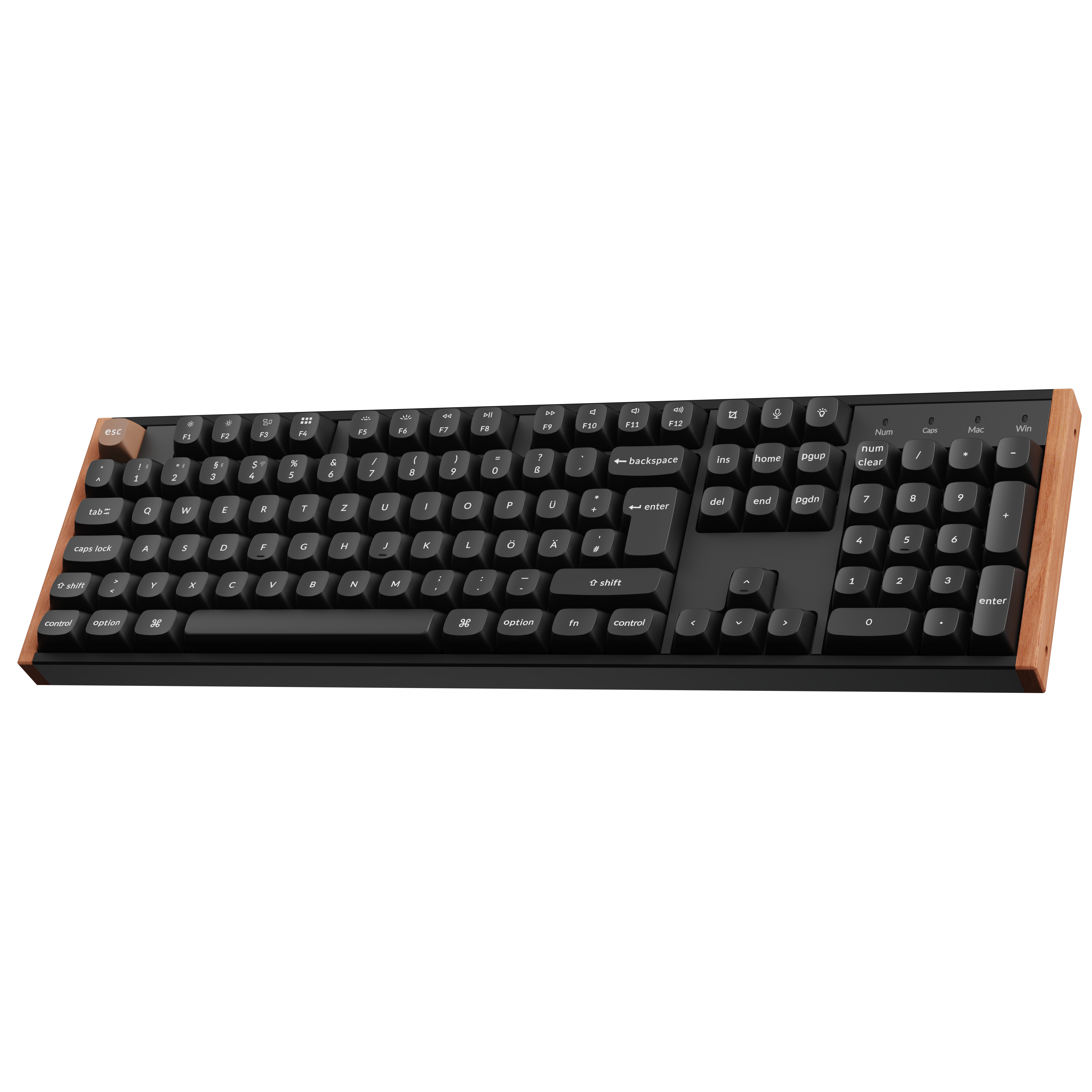 Eine schwarze Tastatur mit Holzrand, isoliert auf schwarzem Hintergrund.