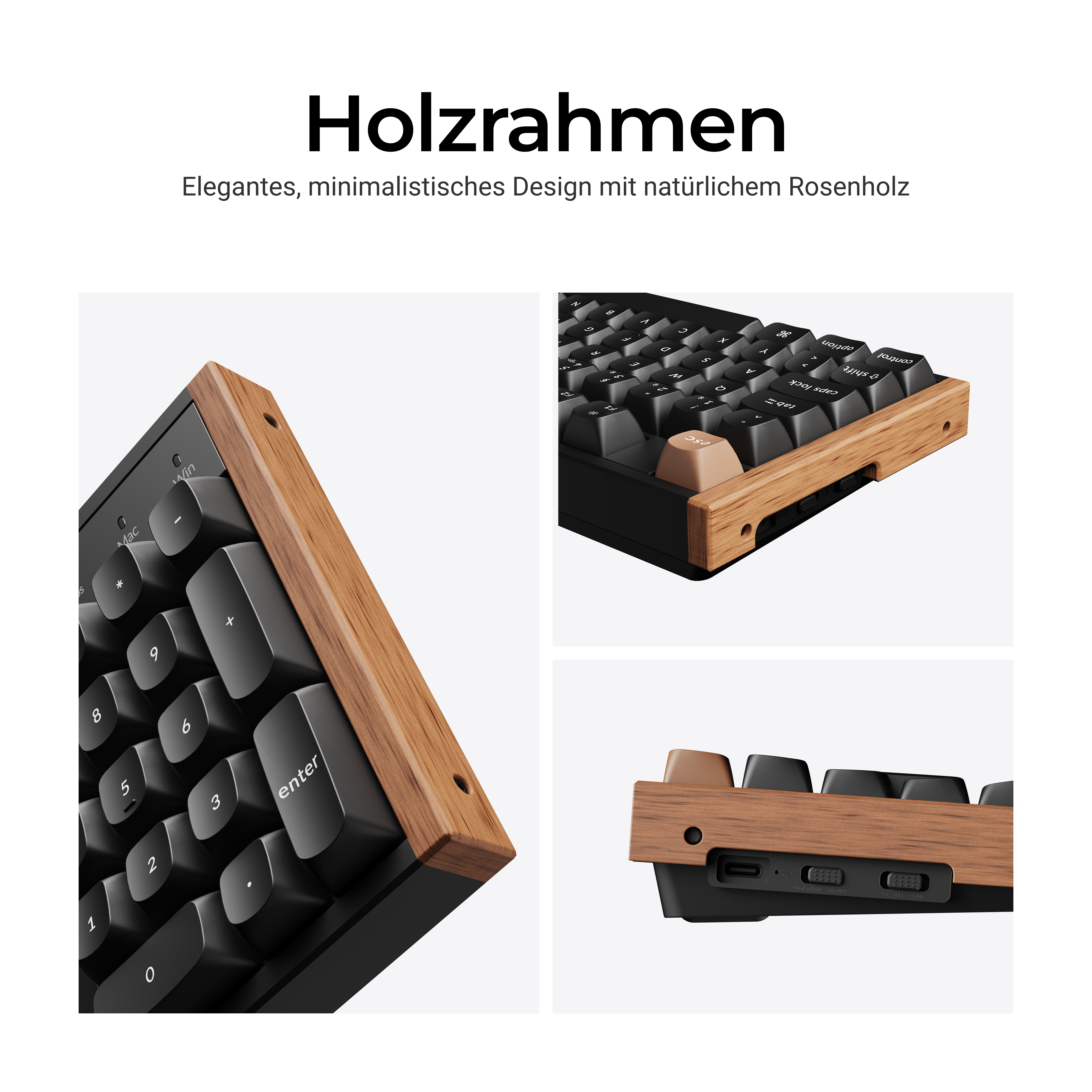 Ein schwarzes Keyboard mit Holzrahmen. Details zeigen Tasten und Anschlüsse.