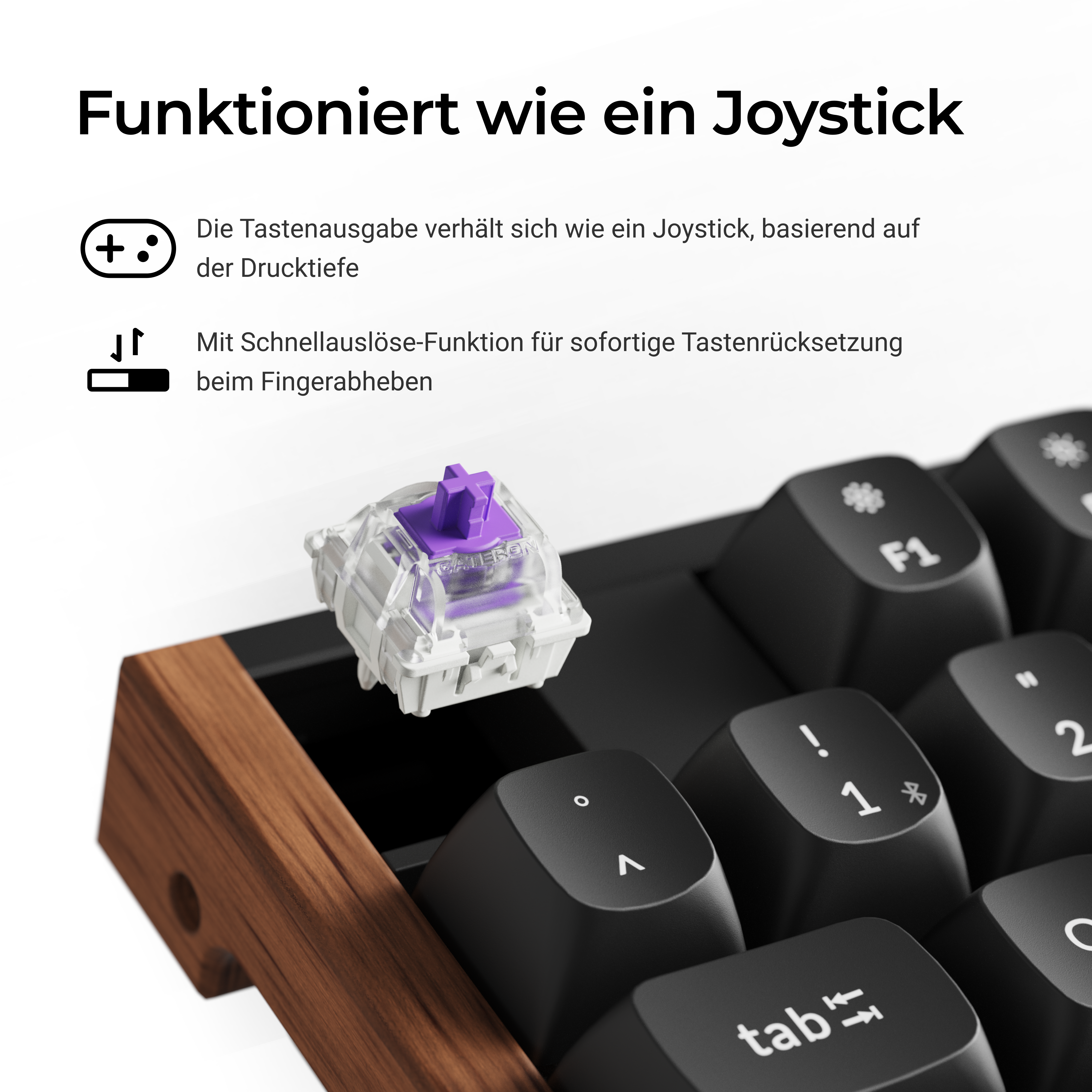 Ein Tastenschalter mit lila Akzent auf einer Tastatur im Nahaufnahme.