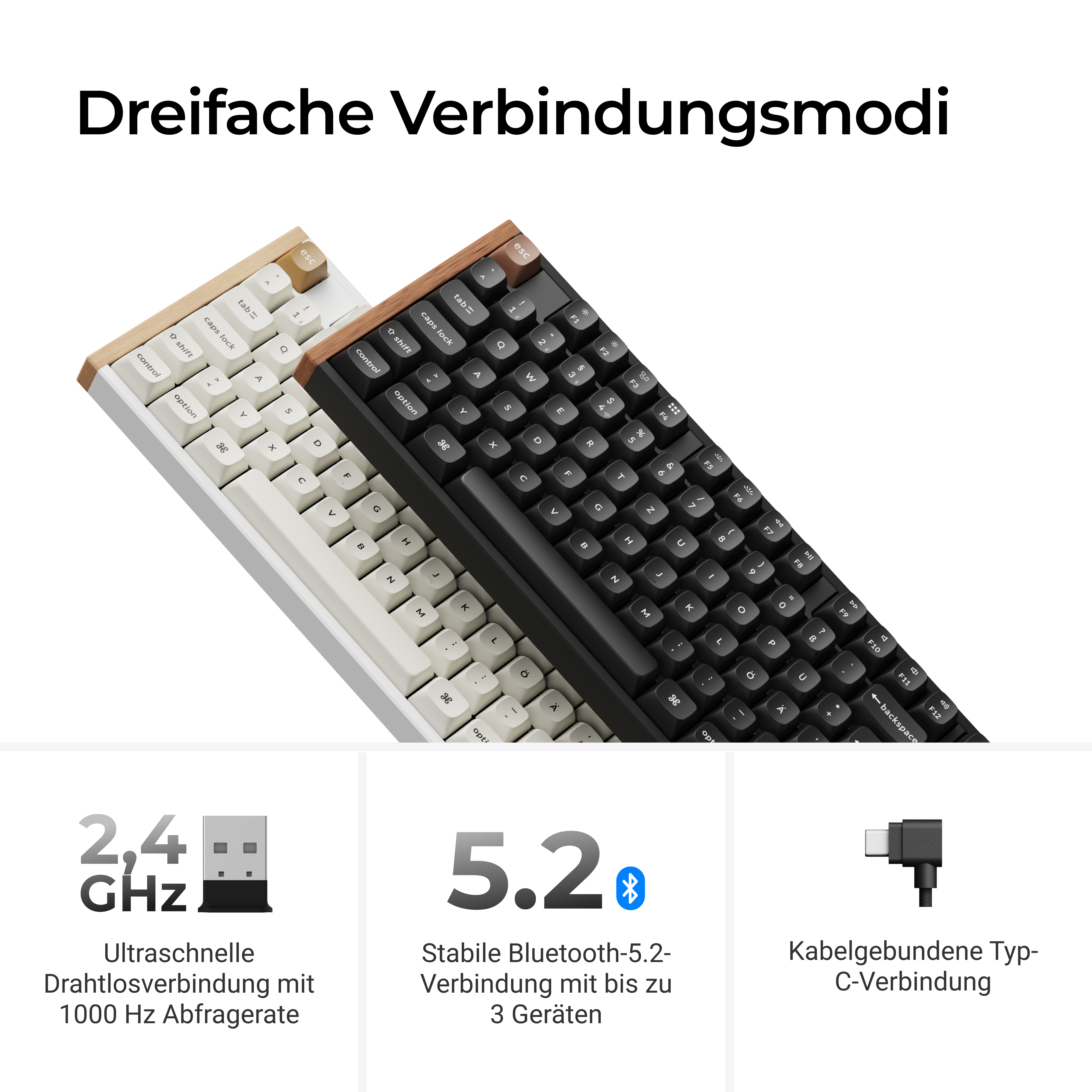 Zwei Tastaturen, eine weiße und eine schwarze, mit Holzrahmen.