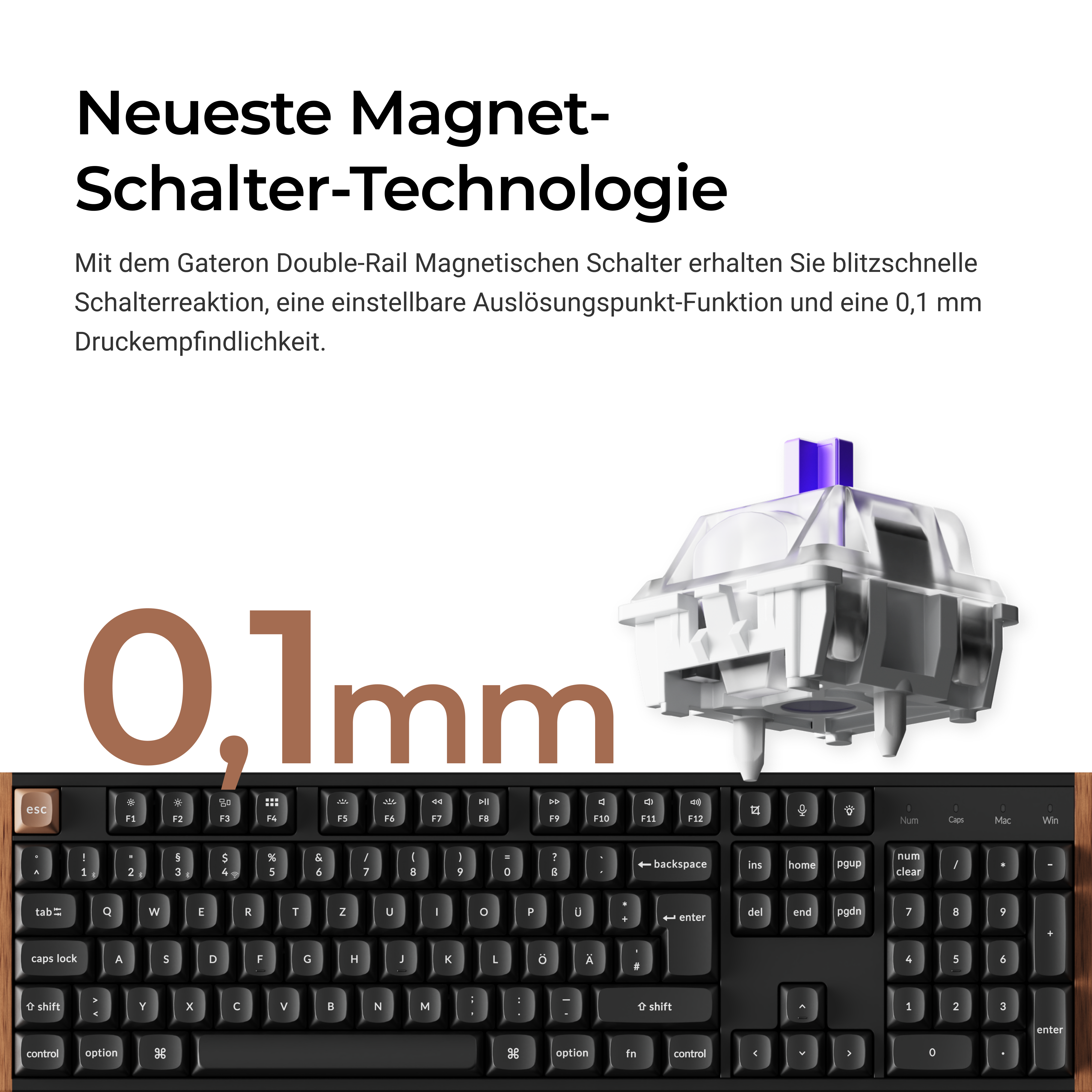 Tastatur mit Mechanik-Schalter und Text: Neueste Magnet-Schalter-Technologie.