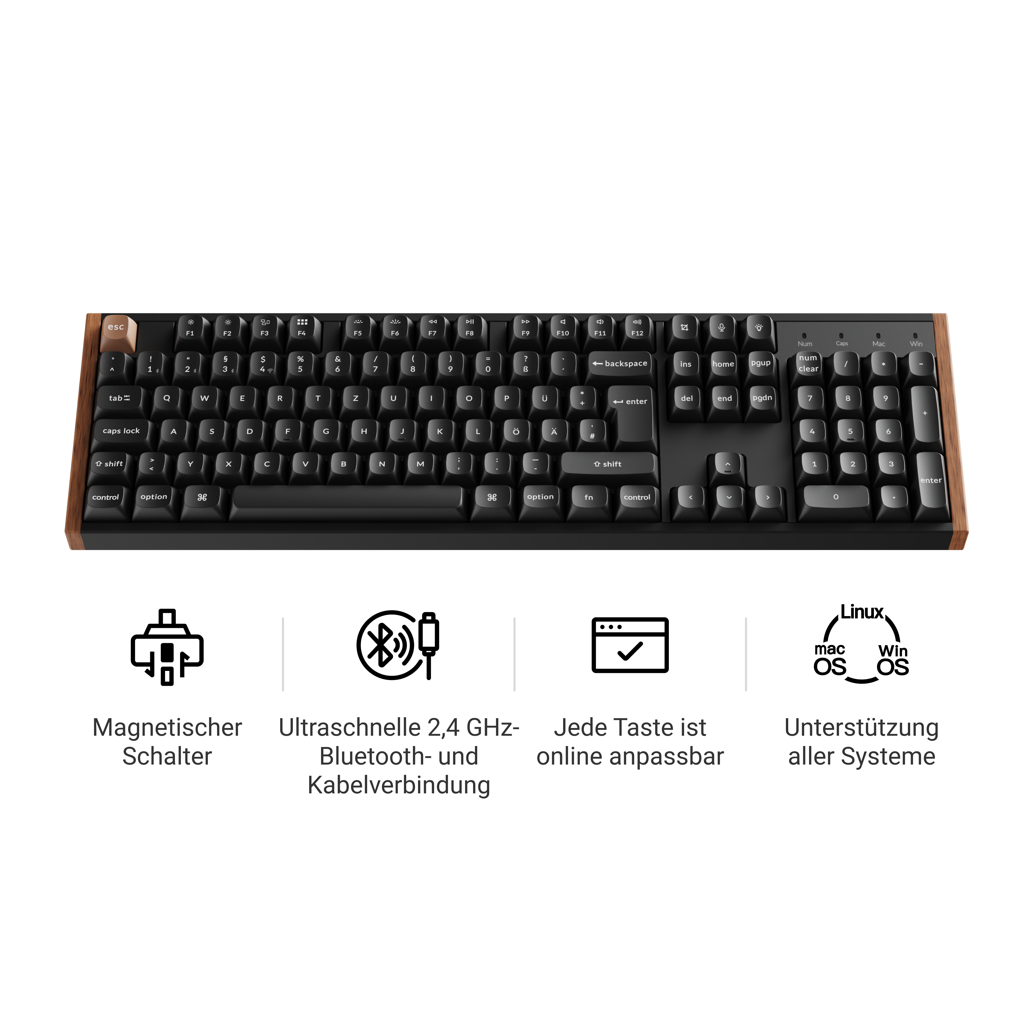Schwarze Tastatur mit Holzrahmen und Symbolen für Magentisch, Bluetooth und Systemunterstützung.