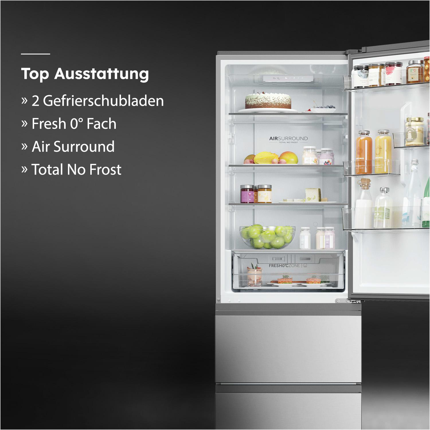 Gefrierkühlschrank mit Lebensmitteln wie Obst, Kuchen und Getränken.
