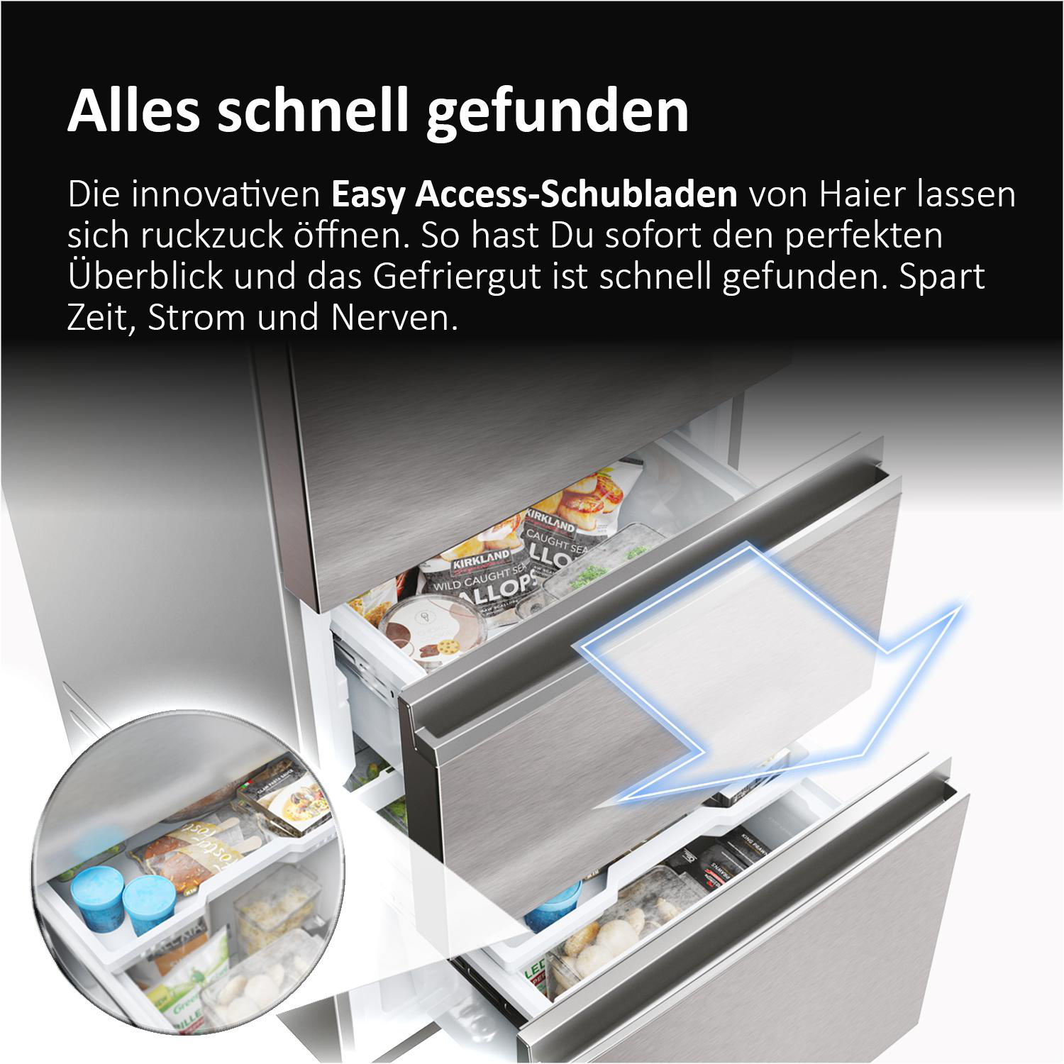 Gefrierschubladen mit verschiedenen Lebensmitteln, ideal für Übersicht.
