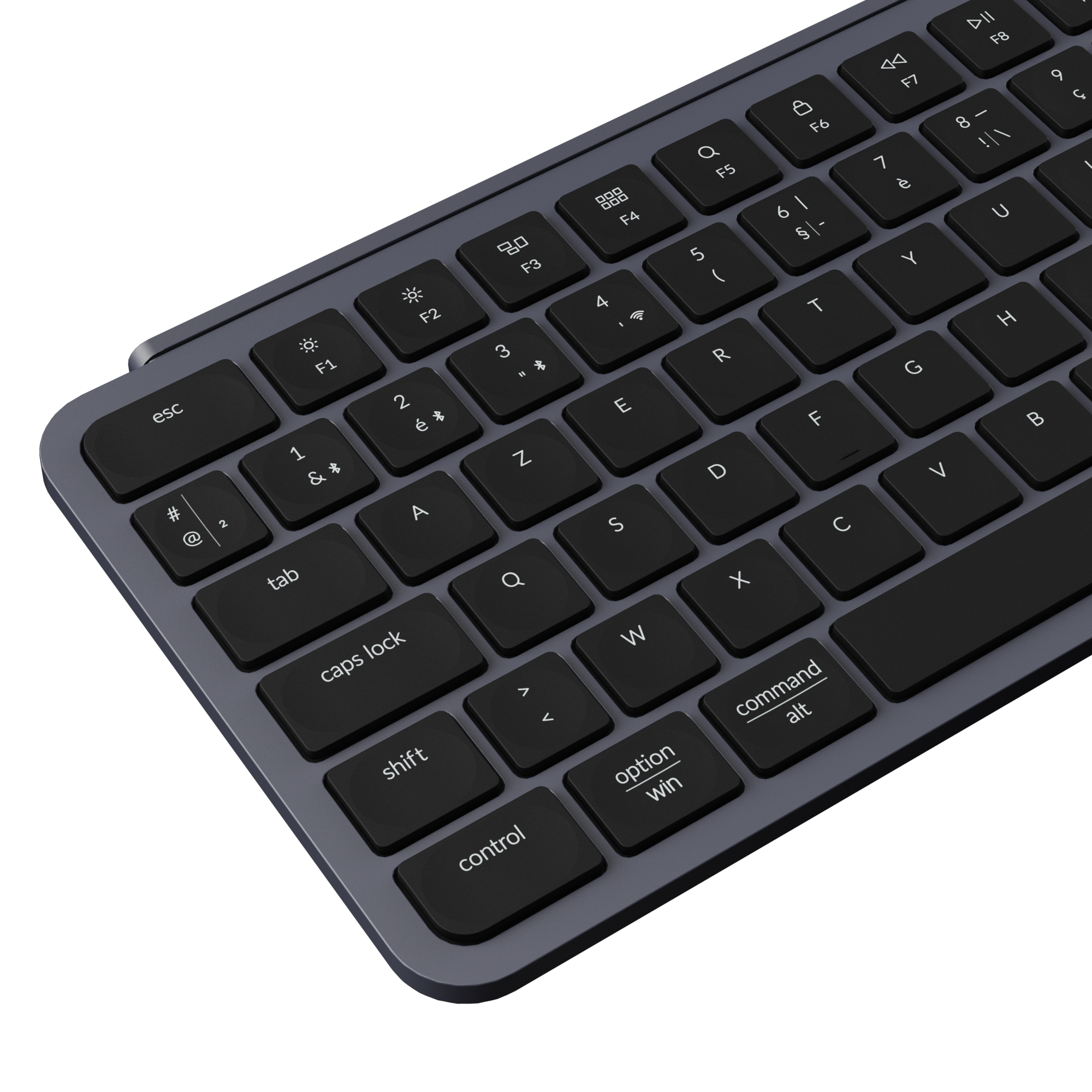Dunkelgraue Tastatur mit schwarzen Tasten, Nahaufnahme, weißer Hintergrund.