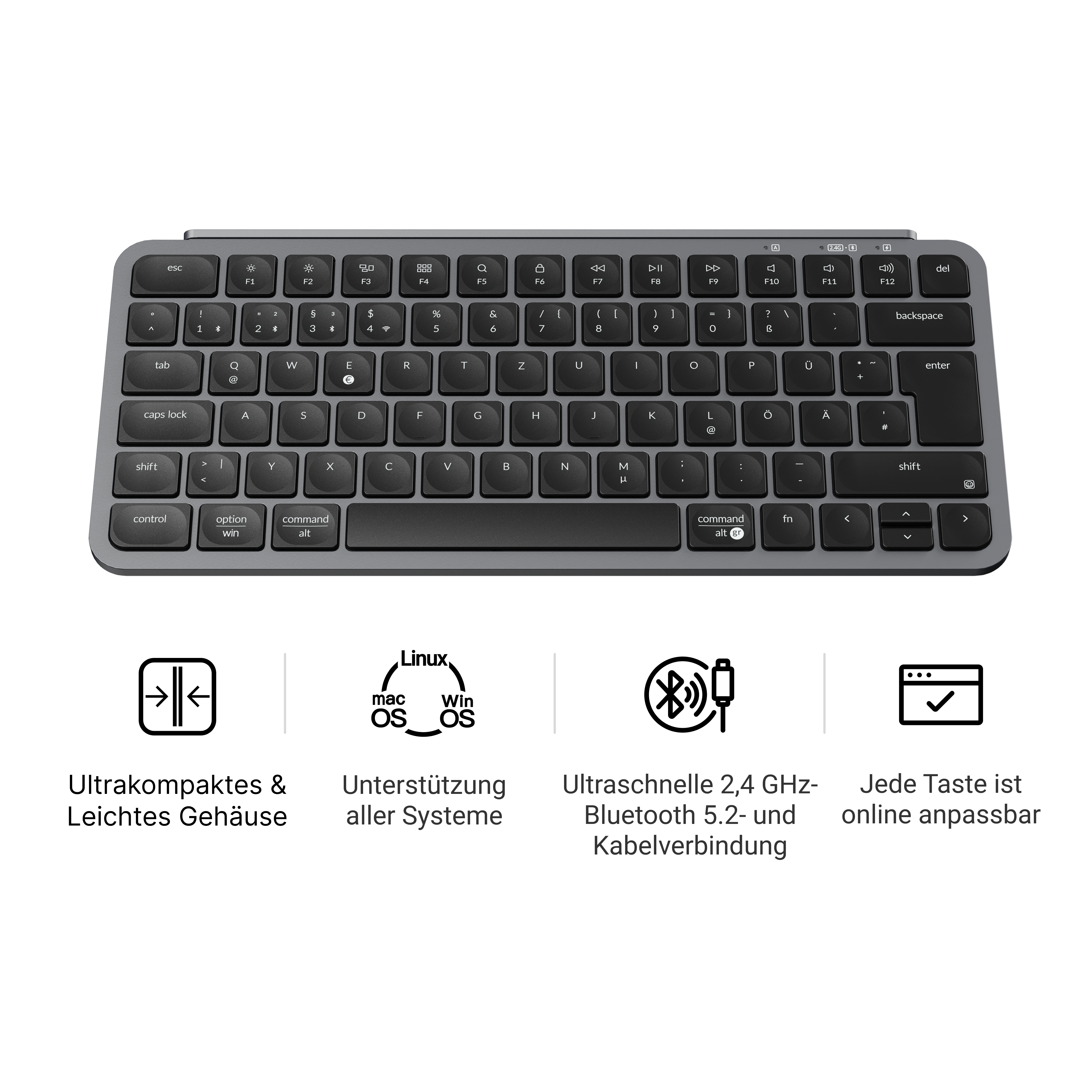 Ein graues Keyboard mit schwarzen Tasten. Unten sind Icons für Kompaktheit, OS-Unterstützung und Verbindung.