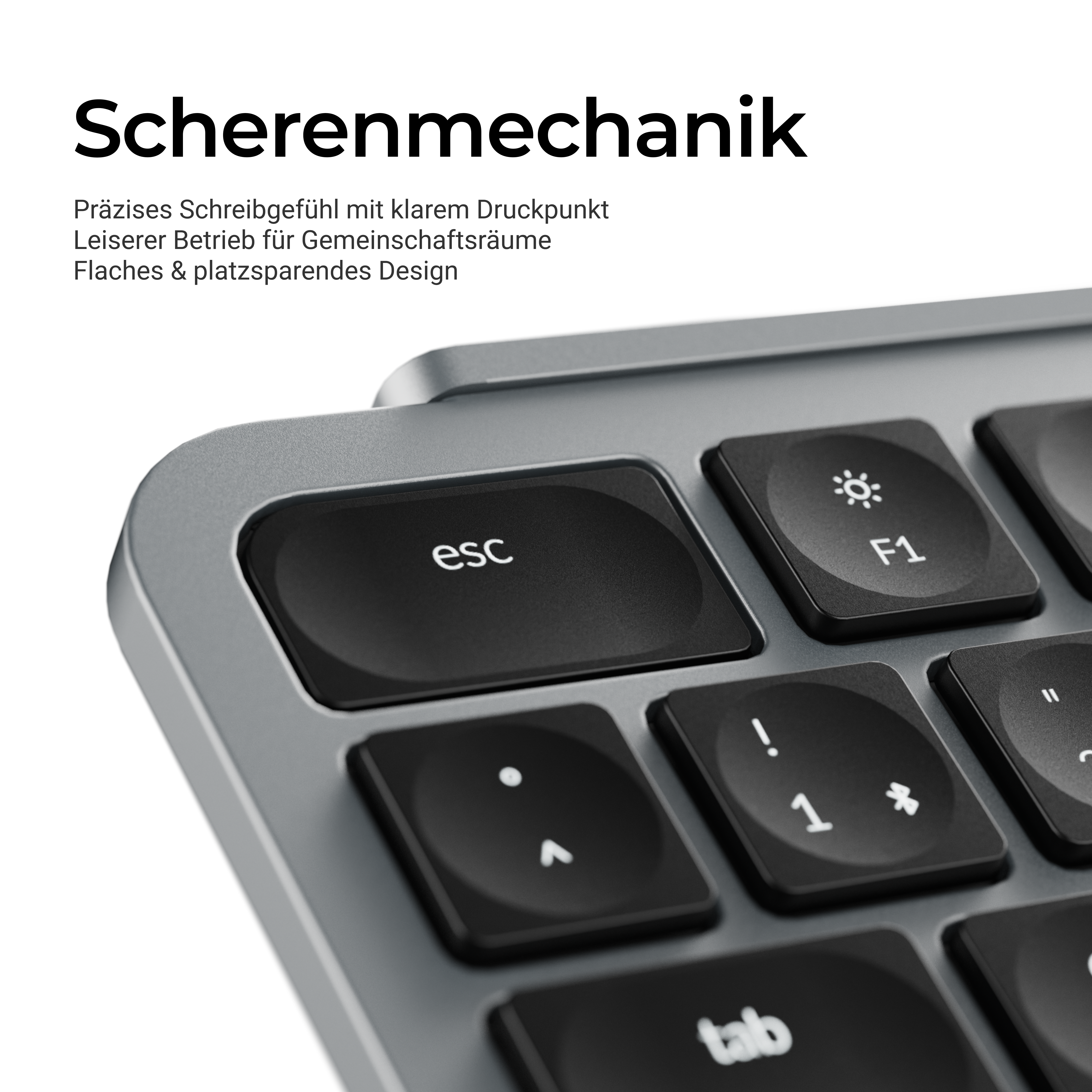 Graue Tastatur mit schwarzen Tasten, Nahaufnahme der Esc-Taste und F1.