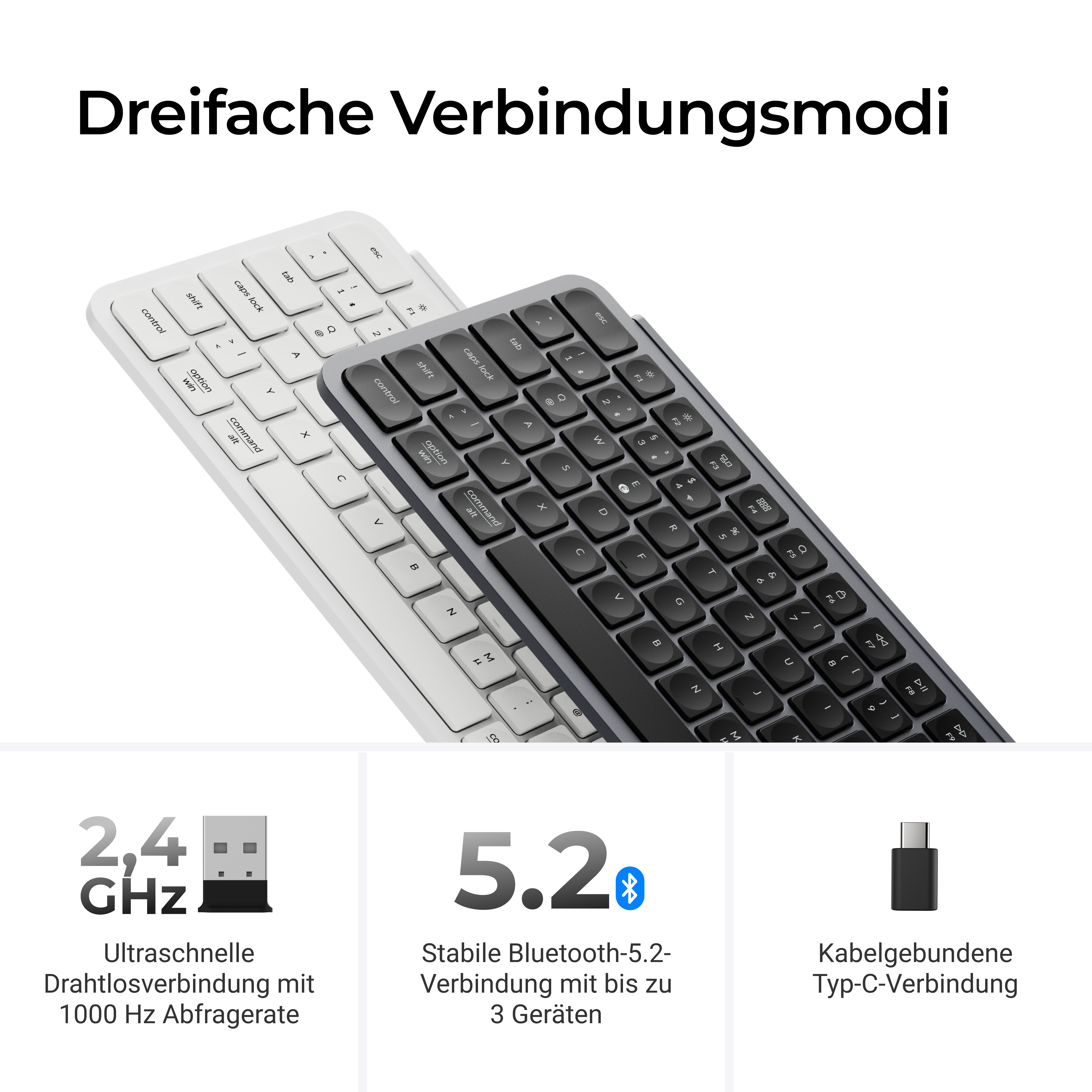 Zwei Tastaturen, eine weiße und eine dunkle, nebeneinander liegend.