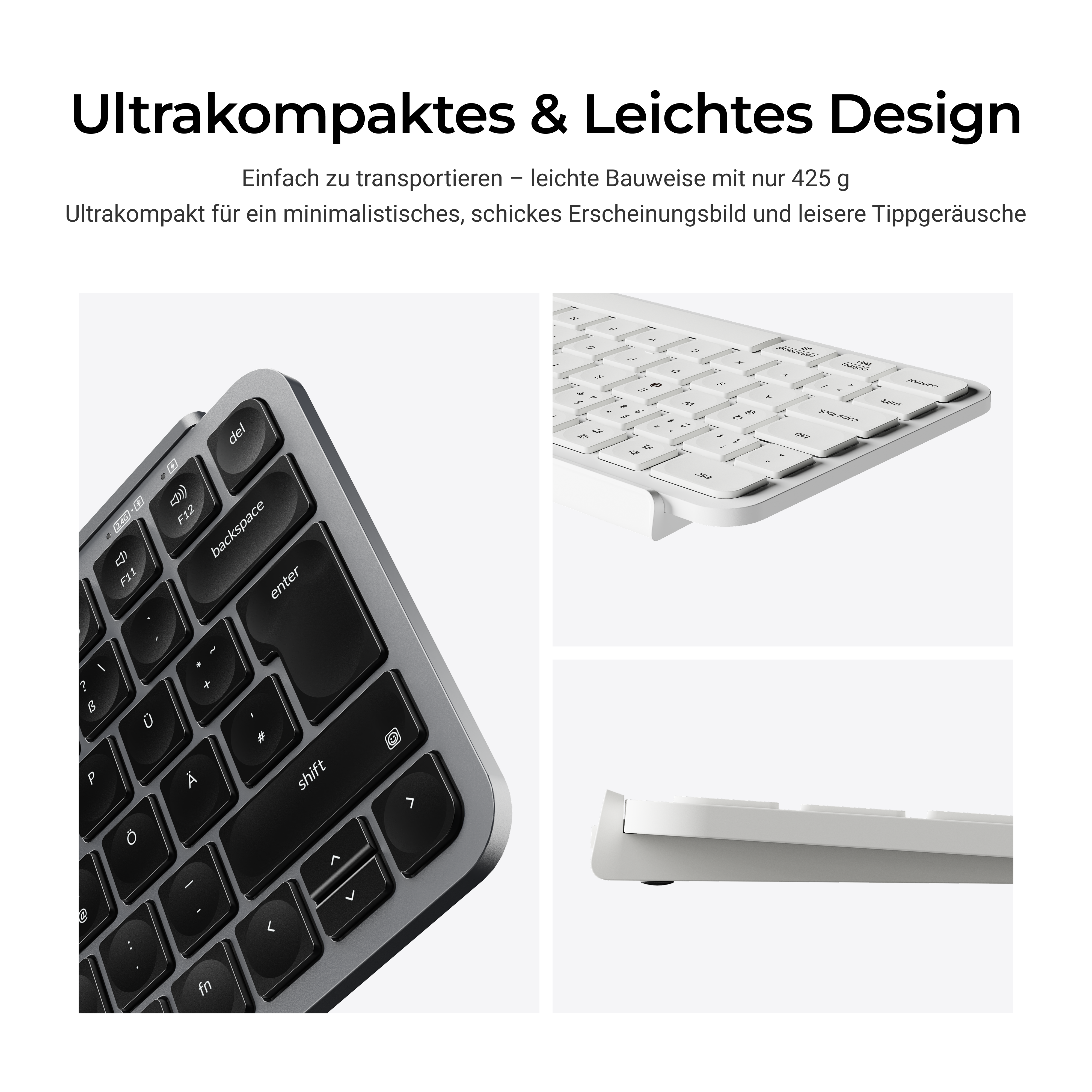 Nahaufnahme einer grauen und weißen Tastatur mit Fokus auf die Tasten und das Design.