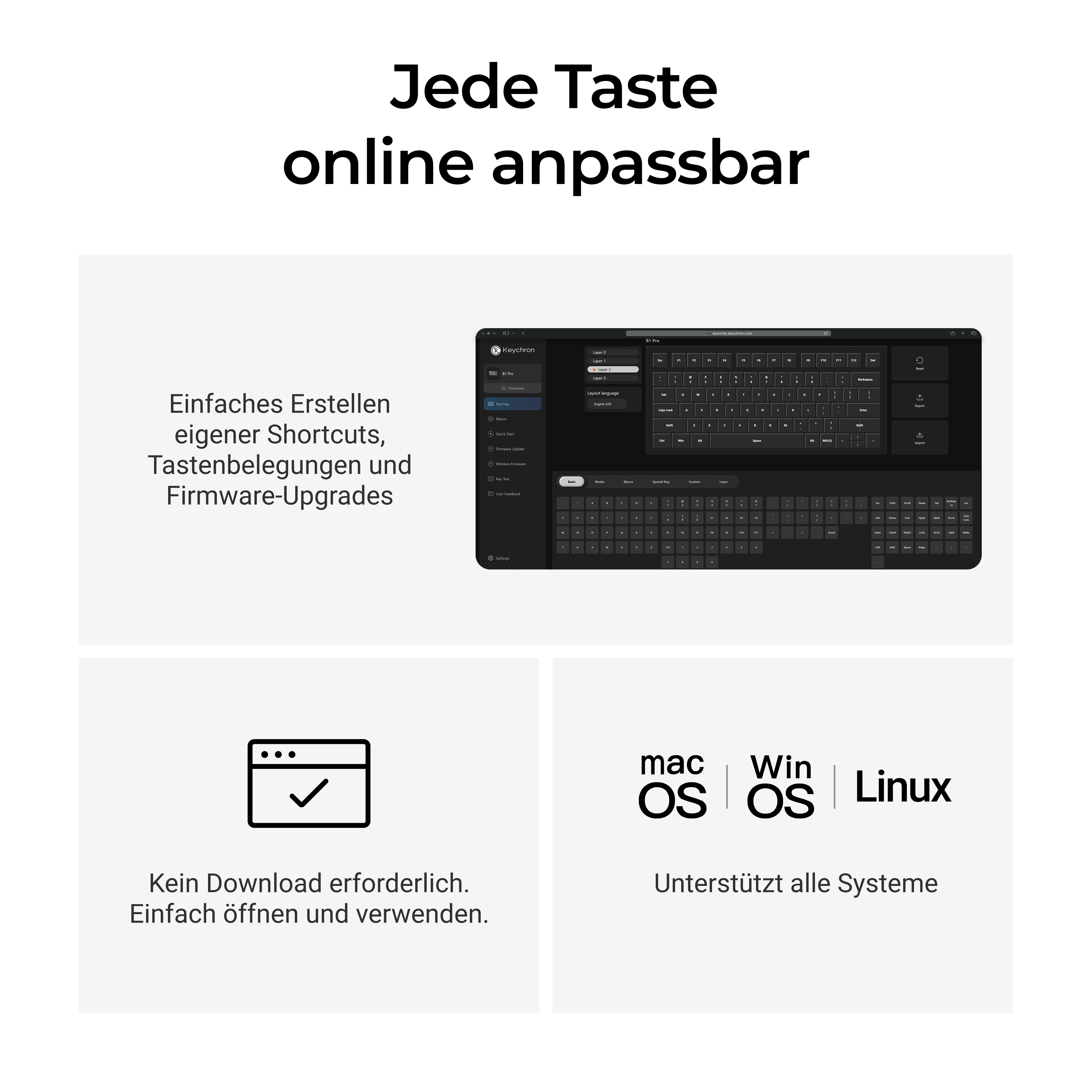 Keychron Tastatur-Software mit Systemlogos: Mac, Win, Linux. Ohne Download.