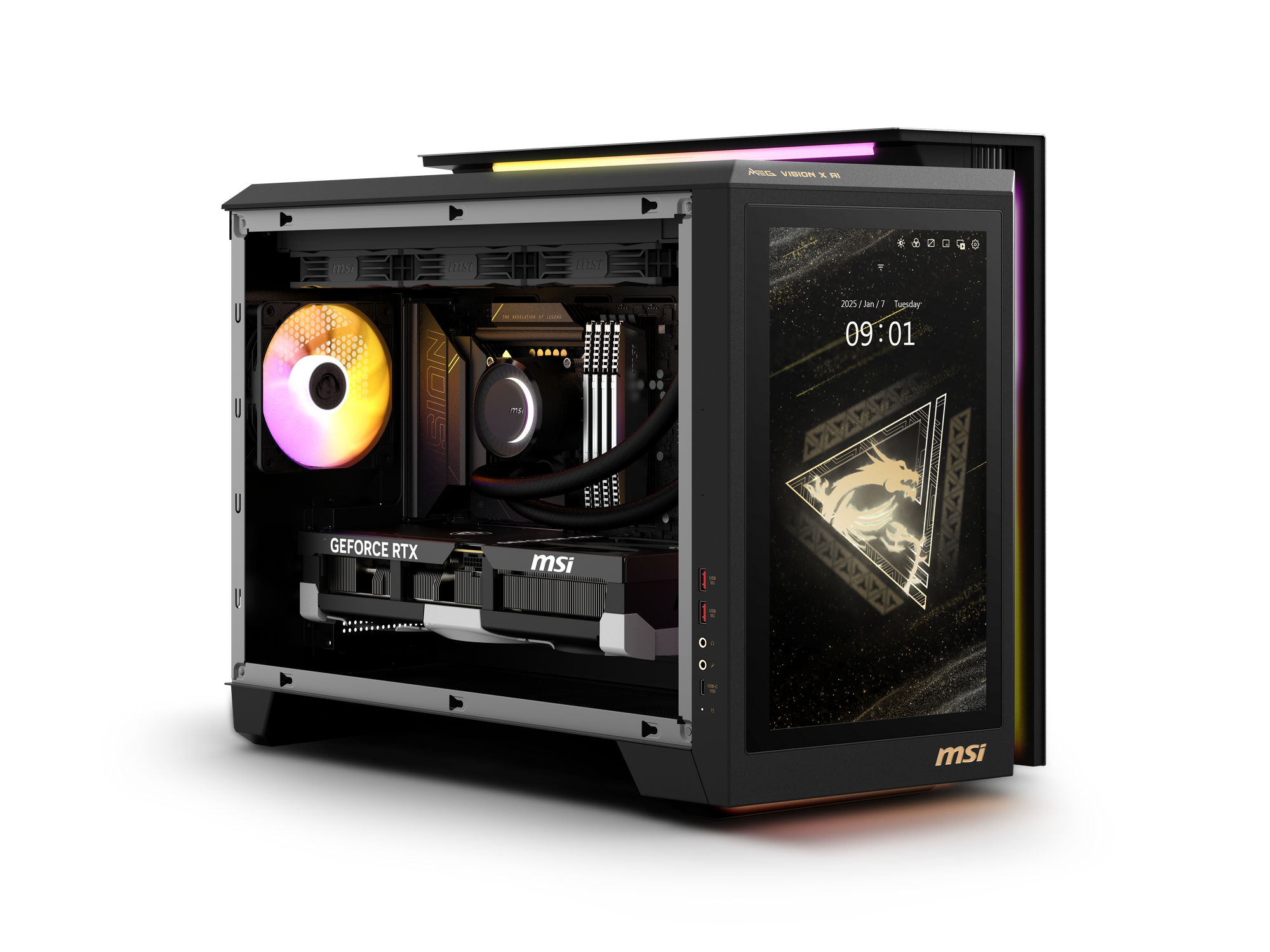 Ein PC-Gehäuse mit RGB-Lüfter, RTX-Grafikkarte und einem digitalen Bildschirm.