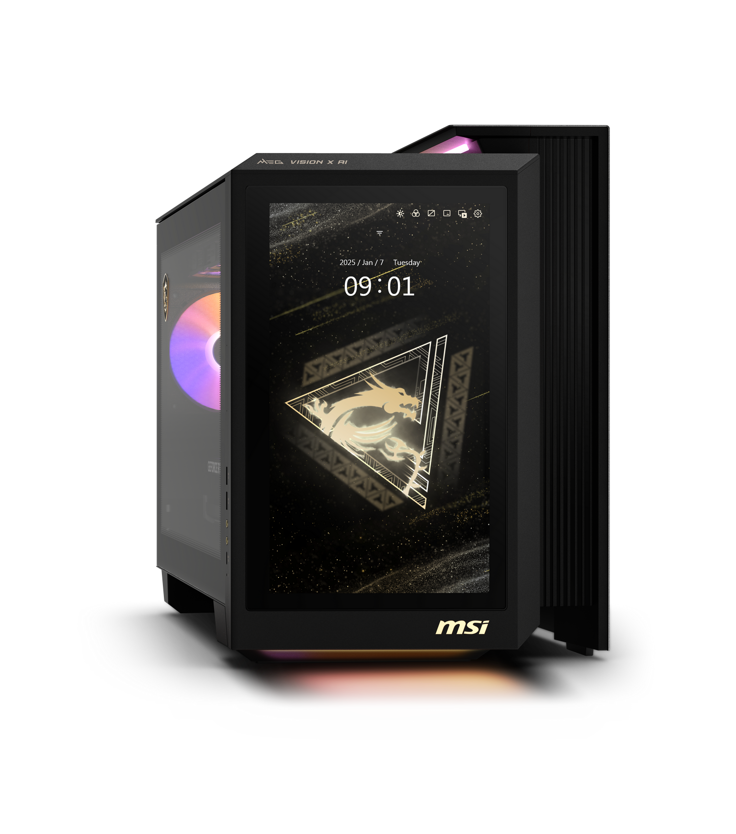 Schwarzer MSI Gaming-PC mit beleuchtetem Lüfter und Frontdisplay, das eine Drachen-Grafik zeigt.
