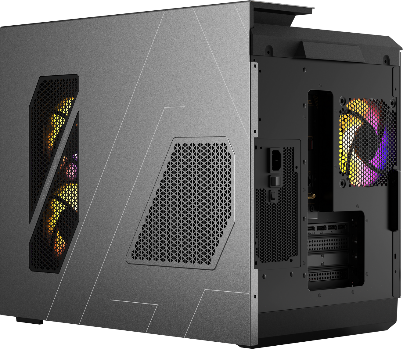 Ein grauer Computerturm mit RGB-Lüftern, die durch Lüftungsschlitze sichtbar sind. Die Seitenwand ist offen.