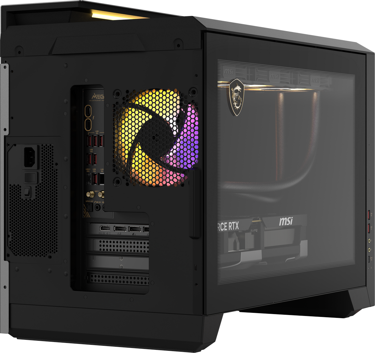 Ein schwarzes PC-Gehäuse mit RGB-Lüfter und sichtbarer Hardware durch ein Glasfenster.